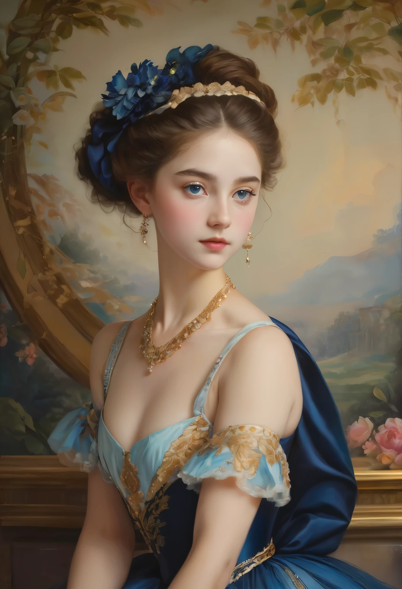 (highres,masterpiece:1.2),(realistic:1.37)"(best quality, highres, ultra-detailed, realistic),beautiful 19th-century portrait of a 16-year-old French ballet dancer, (She is half French and half Japanese, and is a stunning beauty with dark blue eyes and a high nose:1.1), elaborate ballet costume, detailed facial features, long graceful neck, flowing locks of hair, poised and elegant posture, soft and delicate lighting, classic oil painting medium, vibrant colors, subtle background with floral motifs", dreamy atmosphere, Surrealism,mystical aura