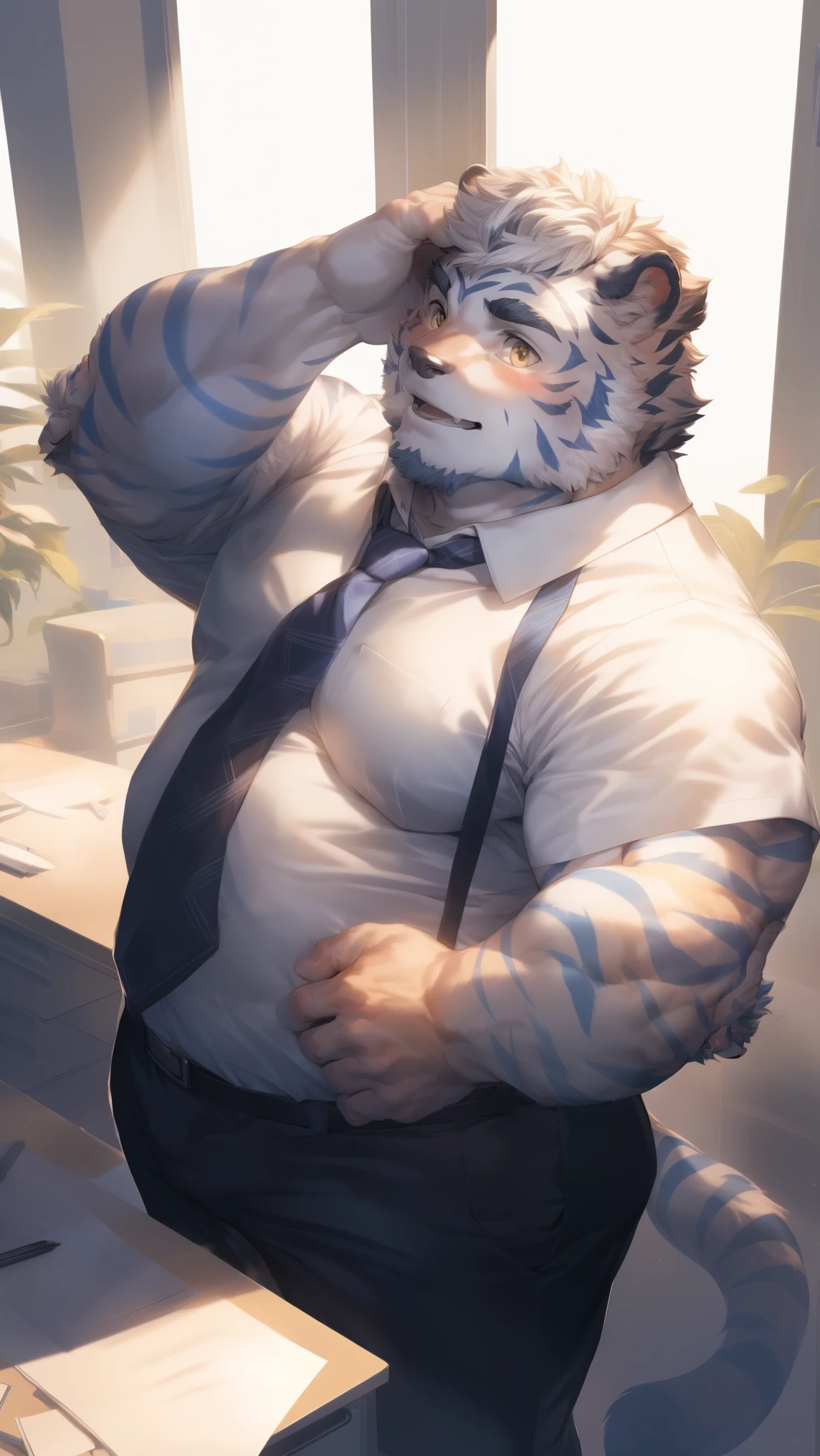 (through empty ghost, From thebigslick, through dark gems, Will chase), Keyuan Tower (Onmyoji Daisenji Temple), High quality photos, Perfect anatomical structure, Anthropomorphic white tiger, Men, 30 years old, thick eyebrows, Short beard,(short hair:1.5), Light blue stripes, Strong body, pectoralis major, Light grey shirt, Light blue tie,White stripes,Dark trousers, Small bump, In a modern office, One arm raised, touching heads, Shy expression, blush, Golden pupils, Look up at the audience, Clear facial features, Strong, Solitary, top view, Full body image, Fog atmosphere, sunshine through window,Shutters,Indoor greenery,document柜,document,Copier,Fax machine, etc.