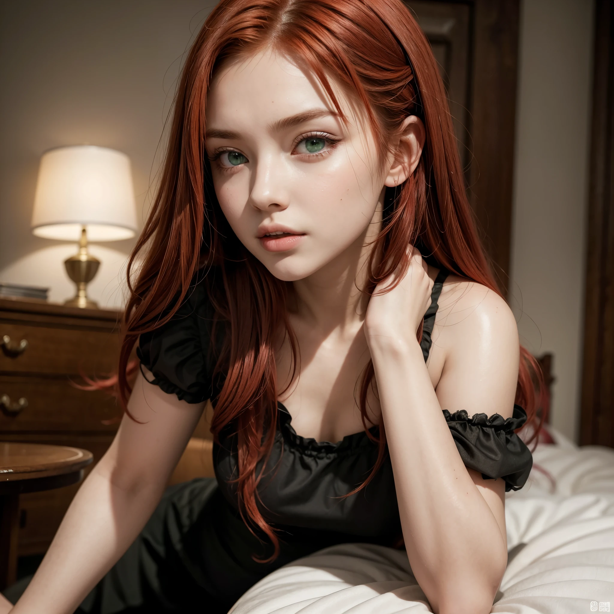 Hot girl, red hair, green eyes, maid