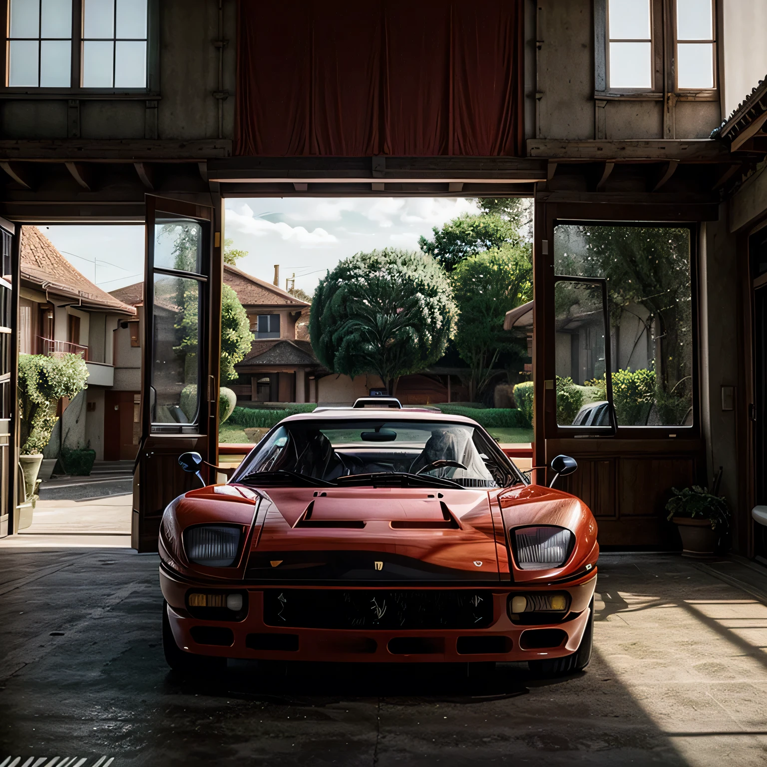 /imagine prompt: Ferrari F40 coupe 2 doors, 1988, red color, fhotorrealism,(((Ghibli style))), Spirited Away, Howl's Moving Castle, dreamy colour palette,