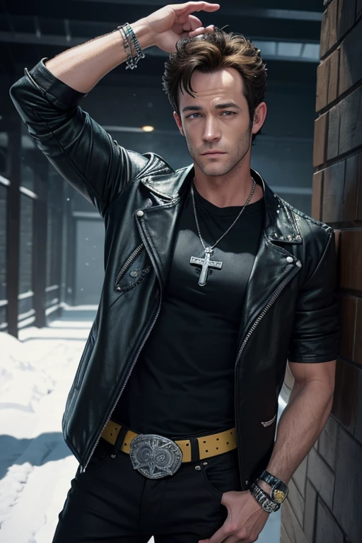 Luke Perry 25-year-old boy with open black jacket, blue t-shirt with snow print, short black hair, punk style, yellow locks, black jeans, green eyes, black leather belt, silver buckle, slim muscular build, cross medallion, silver bracelet, looking straight at the viewer