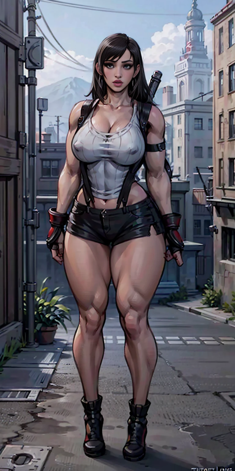 8k, best quality, masterpiece:1.2) (realistic, photo-realistic:1.37) (full body) 1female solo girl, standing, legs apart (wide stance) standing contrapposto, ultra-detailed, cute (Tifa Lockhart) Final Fantasy VII