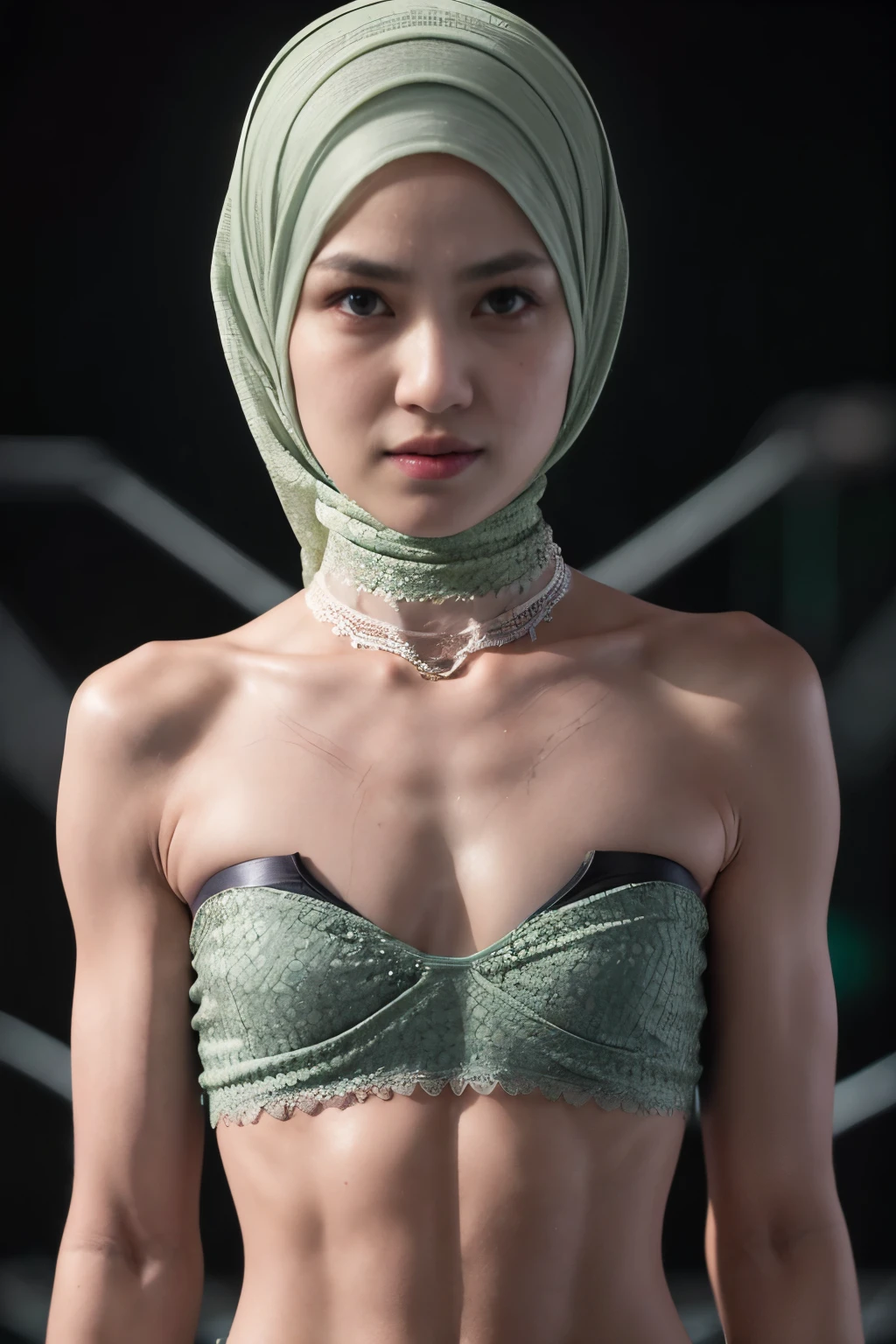 ((SHORT HIJAB)), ((Flat chest:1.7)), (dynamic photograph of a 58 year old Indonesian woman), (slim top, cotton panties), (straight non curly hair), (highly detailed face:1.4), (vascular muscles and abs:1.3), (background inside light, bright, private gym:1.1), (8k, uhd, dslr, high quality, cinematic lighting, bokeh), (dramatic, award winning photography, incredible masterpiece:1.3), (((sexy sultry stare at camera:0.8))), close up, ((she is ready to dominate you:0.5)), ((beautiful feminine face)) (she is a champion MMA fighter), add_detail:1, ((Wearing strapless pastel)) lace green fluorescence , from behind view, seductive pose, straddling , (((background a very dark night)))