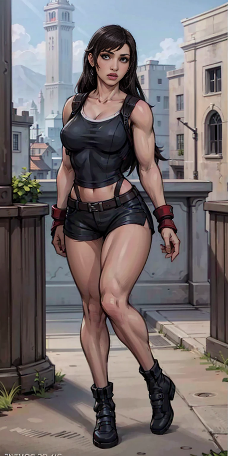 8k, best quality, masterpiece:1.2) (realistic, photo-realistic:1.37) (full body) 1female solo girl, standing, legs apart (wide stance) standing contrapposto, ultra-detailed, cute (Tifa Lockhart) Final Fantasy VII