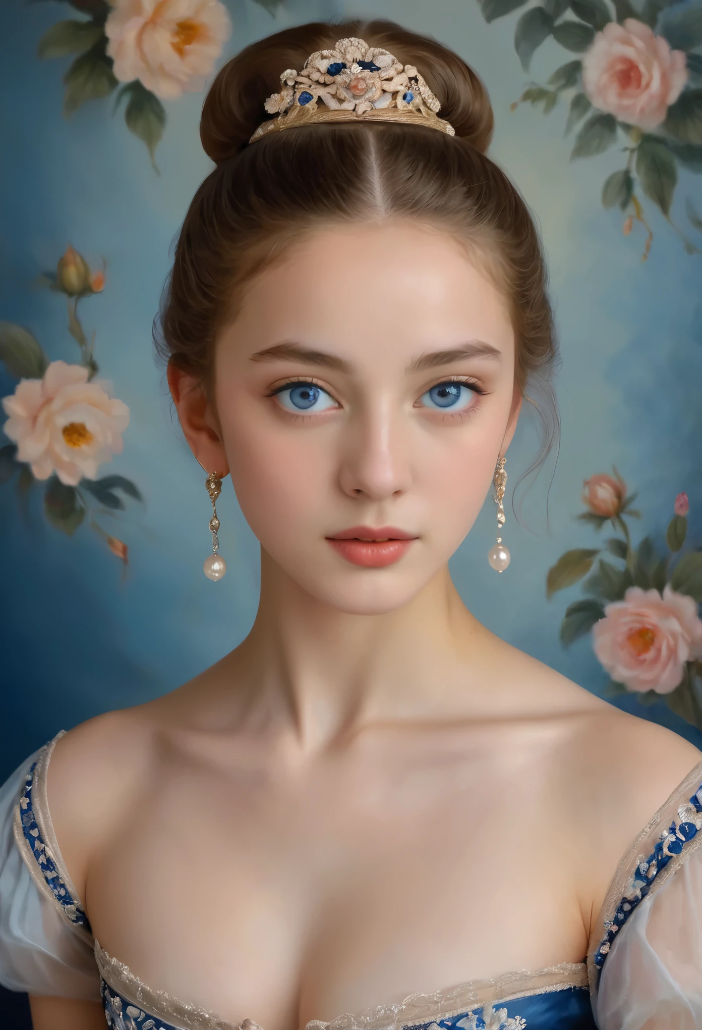 (highres,masterpiece:1.2),(realistic:1.37)"(best quality, highres, ultra-detailed, realistic),beautiful 19th-century portrait of a 16-year-old French ballet dancer, (She is half French and half Japanese, and is a stunning beauty with dark blue eyes and a high nose:1.1), elaborate ballet costume, detailed facial features, long graceful neck, flowing locks of hair, poised and elegant posture, soft and delicate lighting, classic oil painting medium, vibrant colors, subtle background with floral motifs", dreamy atmosphere, Surrealism,mystical aura