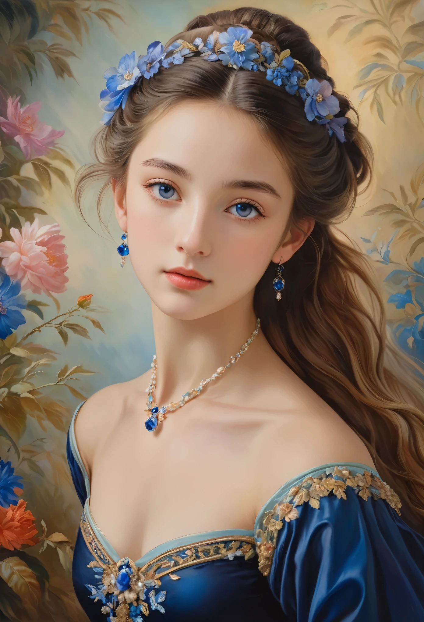 (highres,masterpiece:1.2),(realistic:1.37)"(best quality, highres, ultra-detailed, realistic),beautiful 19th-century portrait of a 16-year-old French ballet dancer, (She is half French and half Japanese, and is a stunning beauty with dark blue eyes and a high nose:1.1), elaborate ballet costume, detailed facial features, long graceful neck, flowing locks of hair, poised and elegant posture, soft and delicate lighting, classic oil painting medium, vibrant colors, subtle background with floral motifs", dreamy atmosphere, Surrealism,mystical aura