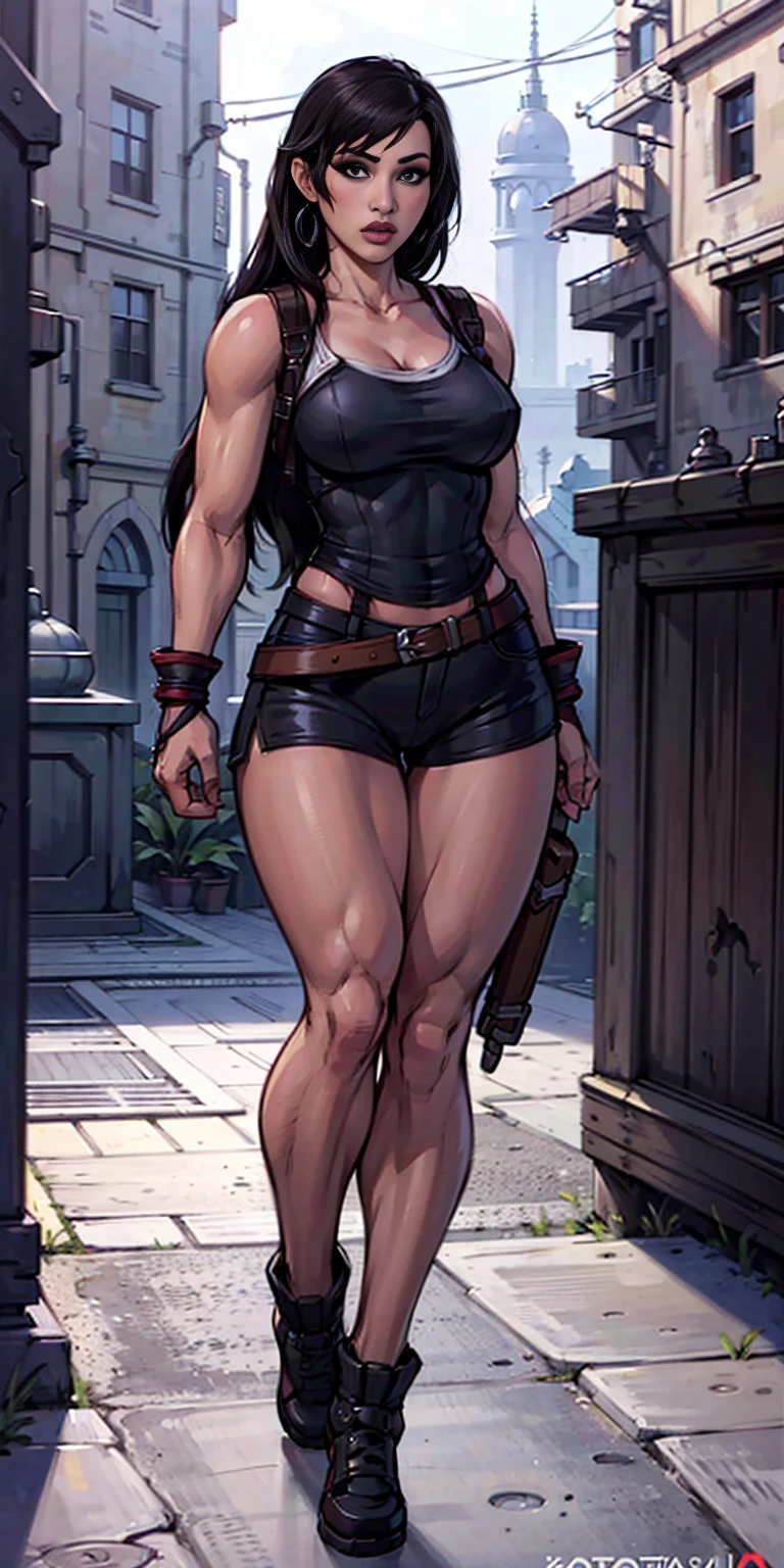 8k, best quality, masterpiece:1.2) (realistic, photo-realistic:1.37) (full body) 1female solo girl, standing, legs apart (wide stance) standing contrapposto, ultra-detailed, cute (Tifa Lockhart) Final Fantasy VII