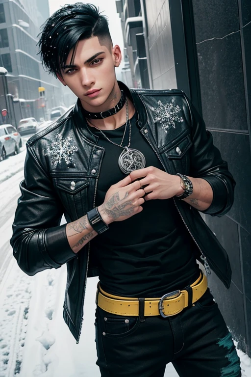 José Ron 20-year-old boy with open black jacket, blue t-shirt with snow print, short black hair, punk style, yellow locks, black jeans, green eyes, black leather belt, silver buckle, slim muscular build, cross medallion, silver bracelet, looking straight at the viewer