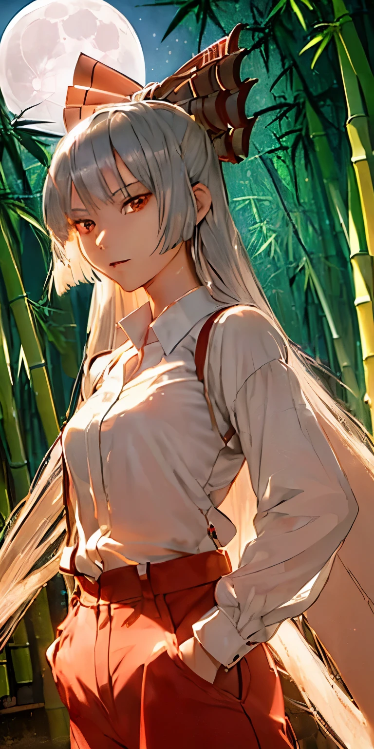 (masterpiece, best quality:1.3), (ultra detailed:1.3), (upper body:1.3), Fujiwara no Mokou, Touhou Series, (anime, illustration:1.3), perfect face, expressive eyes, 1 girl, looking at viewer, , beautiful, anime, lora, (silver hair, long hair, white shirt, red pants:1.3), (look evil:1.5), (cinematic lighting, realistic, dream-like, enchanting atmosphere:1.5), (an old japanese mansion with moonlight leaking, in bamboo forest, midnight, big full moon:1.3),