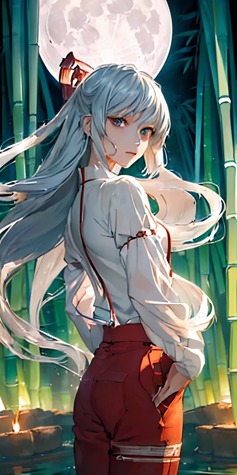 (masterpiece, best quality:1.3), (cinematic angle:1.3), Fujiwara no Mokou, Touhou Series, perfect face, expressive eyes, 1 girl, looking at viewer, 16 years old, beautiful, anime, lora, (silver hair, long hair, white shirt, red long pants:1.3), (look evil:1.5), (cinematic lighting, realistic, dream-like, enchanting atmosphere:1.5), (an old japanese mansion with moonlight leaking, in bamboo forest, midnight, big full moon:1.3),