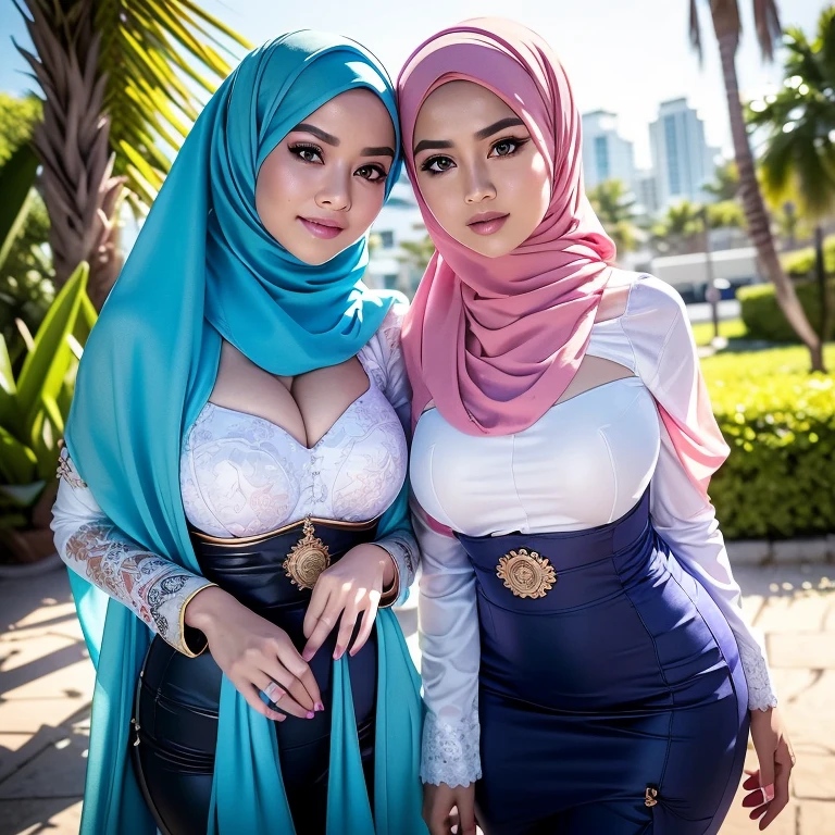 Two:2 malay girls, Group,long big hijab, blue eyes, medium hijab, superhero, blue and white leotard, leggings, boots, hands on hip, top of building, very windy, city background, bokeh, nighttime, high quality, ultra detail, 8k, action pose, cinematic lighting, lot of smoke effect, dramatic action, fighting pose, style raw, 35mm lense, low angle Shot, Deep Focus cinematography effect, Natural Lighting, cool-toned color grading, high quality, ultra detail, 8k resolution, using Canon EOS C700, Best quality, high resolution, Masterpiece: 1.3, Beautiful Malay hijab girl, Masterpiece, Soft smile, Realistic, Charming eyes, Glowing eyes, Parted lips, Modest attire, Malay traditional hijab, graceful figure, Aesthetics of the female body in hijab, Serene setting, Sunlight filtering through leaves, Beautifully detailed clothing, intricate hijab patterns, Cultural immersion, Ethnic diversity, Feminine elegance. 3D Octane rendering, ray tracing, super detailing viewer, close-up.Malay girl with hijab, Eye makeup (((highest quality)), (super detailed), 2 girls, (iridescent hair, colorful hair, half blue and half pink hair: 1.2), 38 years old, (Gorgeous Malay Girls: 1.2), outdoor, bangs, smile, sky blue eyes, perfect hands, perfect hands, hand details, corrected fingers. Earrings, Night Store + Background, looking_at_viewer, Cowboy Shot, Top Quality, Rich Detail, Perfect Image Quality, big breasts, slender body, morning time, smiling, happy, bright sunshine, beach, blurred background, bokeh,realistic, ultra-detailed, big breast, malay, The whole body consists of a young girl with hijab Kimono, Eye makeup, 38 year old, Cat ears, Soft lighting, groups, Wear shabby clothes, Dirty, Tattered futuristic military uniform, Cat's paw badge, Pose, spot color, rendering by octane, Ultra-realistic intricate details, big breasts, big breasts, big breasts, two MAPAY women in lingerie posing for a picture in a room, oppai, posing together in bra, MIRA FILZAH and IMAN TAYORE, red bra, all red, 