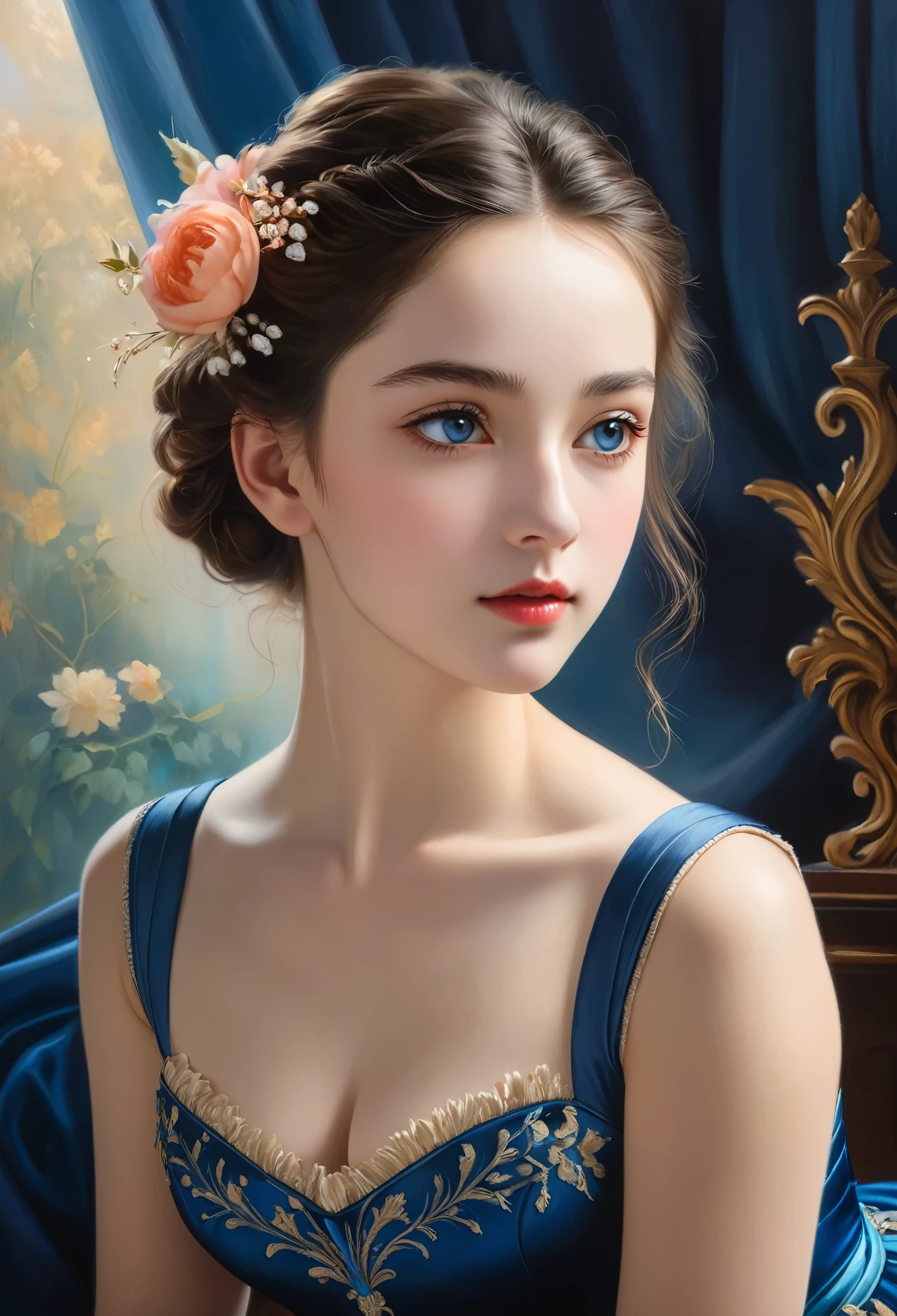 (highres,masterpiece:1.2),(realistic:1.37)"(best quality, highres, ultra-detailed, realistic),beautiful 19th-century portrait of a -yeld Frh ballet dancer, (She is half French and half Japanese, and is a stunning beauty with dark blue eyes and a high nose:1.1), elaborate ballet costume, detailed facial features, long graceful neck, flowing locks of hair, poised and elegant posture, soft and delicate lighting, classic oil painting medium, vibrant colors, subtle background with floral motifs", dreamy atmosphere, Surrealism,mystical aura