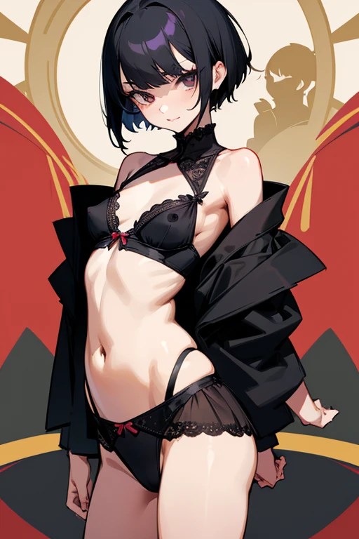 Japanese、woman,Black Hair,short hair、Visible nipples、Small size breasts、Flat Chest、サディスティックなwoman、wear black lingerie、Mischievous woman