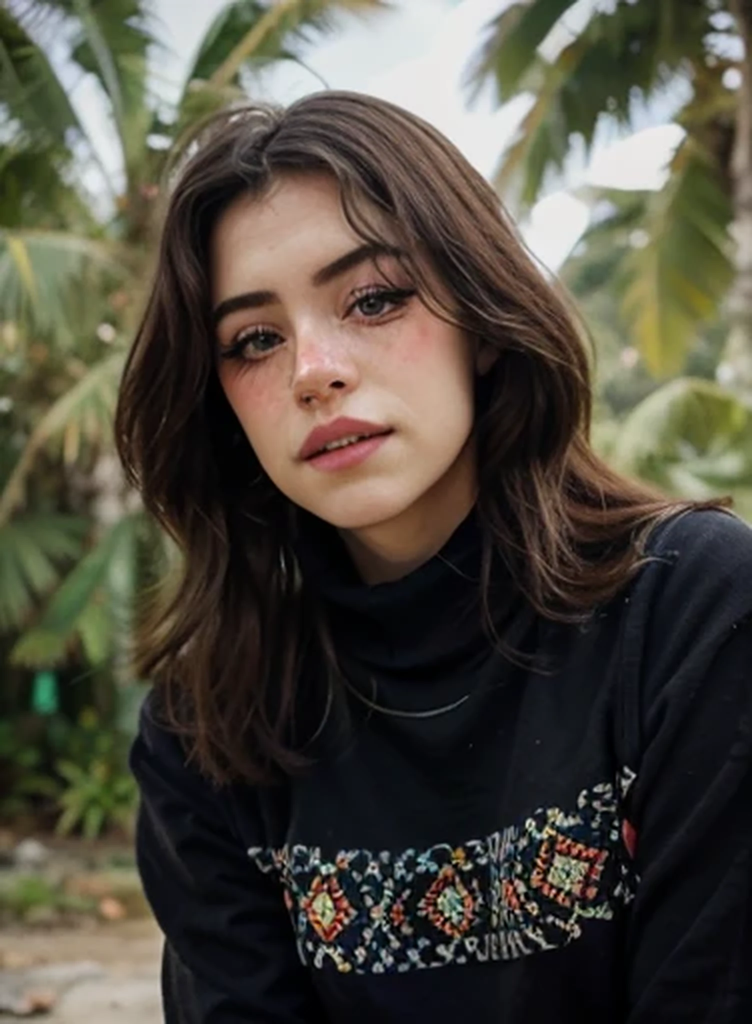 agotador (sweater), retrato, Hermoso rostro, ojos bonitos, afuera, retrato, parque, trees, dientes, ojos abiertos, foto ganadora del barrio, mejor calidad, parte superior del cuerpo, Hannahowo, pelo negro arrastrado por el viento, by lee jeffries nikon d850 film stock photography 4 kodak 400 f1 camera.6 lenses rich colors hyperrealistic realistic texture natural lighting unreal engine trend in artstation cinestill 800, (lente de 100 mm)