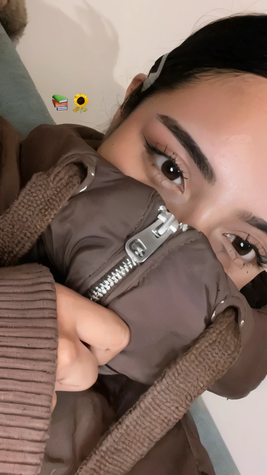 Arafed woman wearing a brown jacket and a brown jacket., Brown eyes, cerrar la cara, cejas gruesas, big Brown eyes, con piel morena, warm Brown eyes, beautiful Brown eyes, foto de perfil, dark Brown eyes, piercing Brown eyes, imagen de perfil, accurate Brown eyes, cejas grandes, shy looking down, cerrar la cara, hermosa estetica