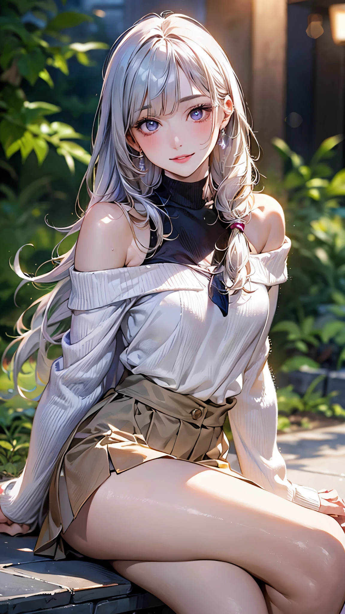 (masterpiece:1.3, top-quality, ultra high res, ultra detailed), (realistic, photorealistic:1.4), beautiful illustration, perfect lighting, natural lighting, colorful, depth of fields, surrealism,
beautiful detailed hair, beautiful detailed face, beautiful detailed eyes, beautiful clavicle, beautiful body, beautiful chest, beautiful thigh, beautiful legs, beautiful fingers, shiny skin, 
looking at viewer, 1 girl, japanese, office lady, 19 years old, (perfect anatomy, anatomically correct, super detailed skin), cute and symmetrical face, babyface, perfect face, perfect eyes, 
(long hair:1.8, straight hair, silver hair), blunt bangs, twin braided bangs, blue eyes, drooping eyes, long eye lasher, (medium breasts, seductive thighs), slender, 
((long sleeve cold-shoulder white sweater), light purple tight skirt),  
(beautiful scenery), summer, night, (cocktail bar, counter), (lovely smile, upper eyes, parted lips),