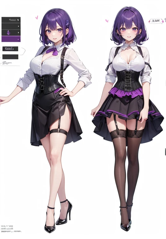 Purple Hair,Shortcuts,Adult female,(bartender),((Body Harness)),((Roll up your shirt sleeves)),(corset),(Tight Skirt),((garter belt)),(High heels),((Simple Background)),smile,((whole body)),((whole body)),Character Sheet,