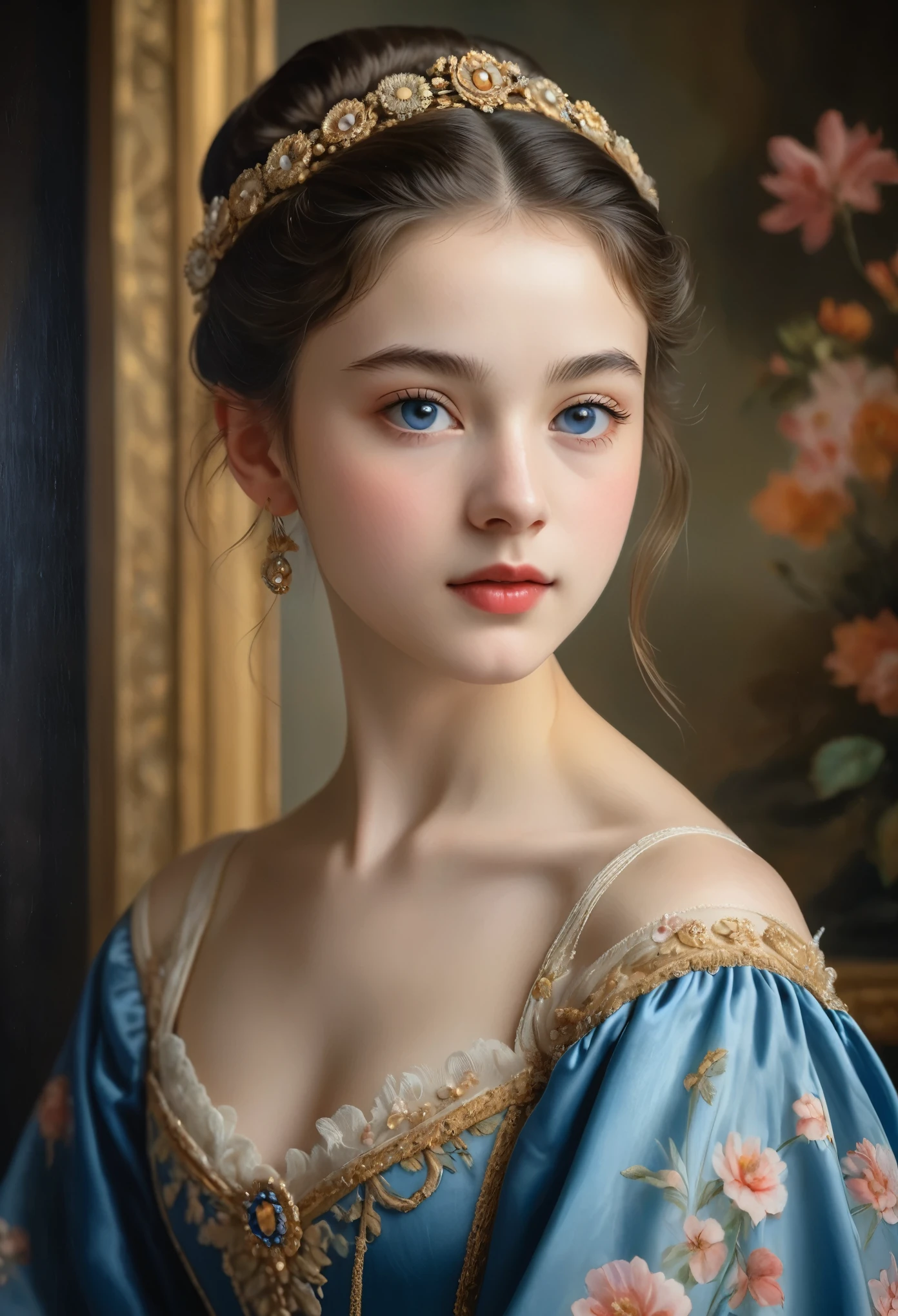 (highres,masterpiece:1.2),(realistic:1.37)"(best quality, highres, ultra-detailed, realistic),beautiful 19th-century portrait of a -yeld Frh ballet dancer, (She is half French and half Japanese, and is a stunning beauty with dark blue eyes and a high nose:1.1), elaborate ballet costume, detailed facial features, long graceful neck, flowing locks of hair, poised and elegant posture, soft and delicate lighting, classic oil painting medium, vibrant colors, subtle background with floral motifs"