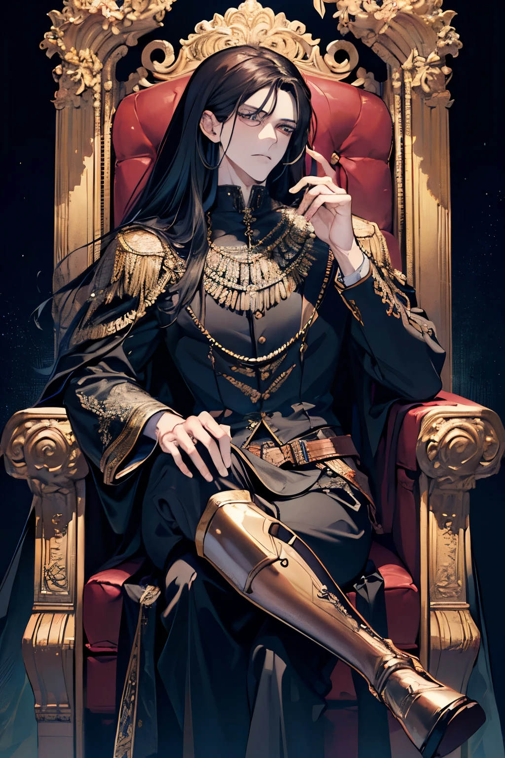 (absurdres, highres, ultra detailed), 1 male, adult, handsome, tall muscular guy, broad shoulders, finely detailed eyes, brown eyes, solo, detailed background, detailed face, sitting in the devil's throne, long black hair