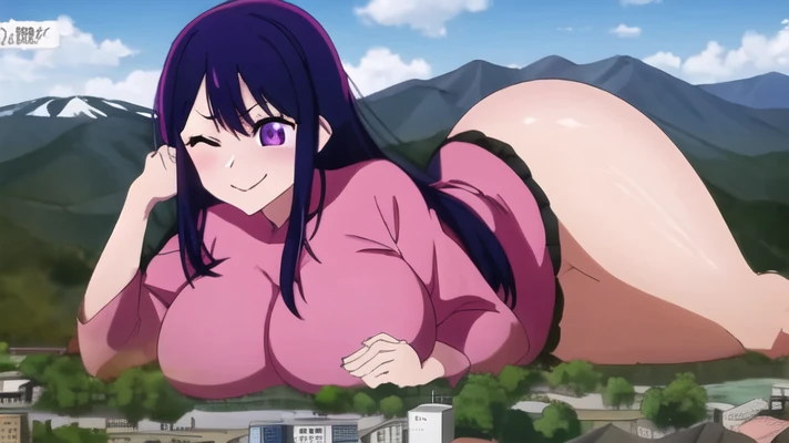 ai hoshino, purple hair, purple eyes, star-shaped pupils, oshi no ko,(jk huge breasts),milf,mature female,curvy body,good detail,one eye closed,giga size,taller then a mountain,looming over a city,destruction,beautiful,seductive smile,temptation,shining eyes,full body,destroyed cities,sitting down,detailed face,temptation, farting, blasting farts, biting lips