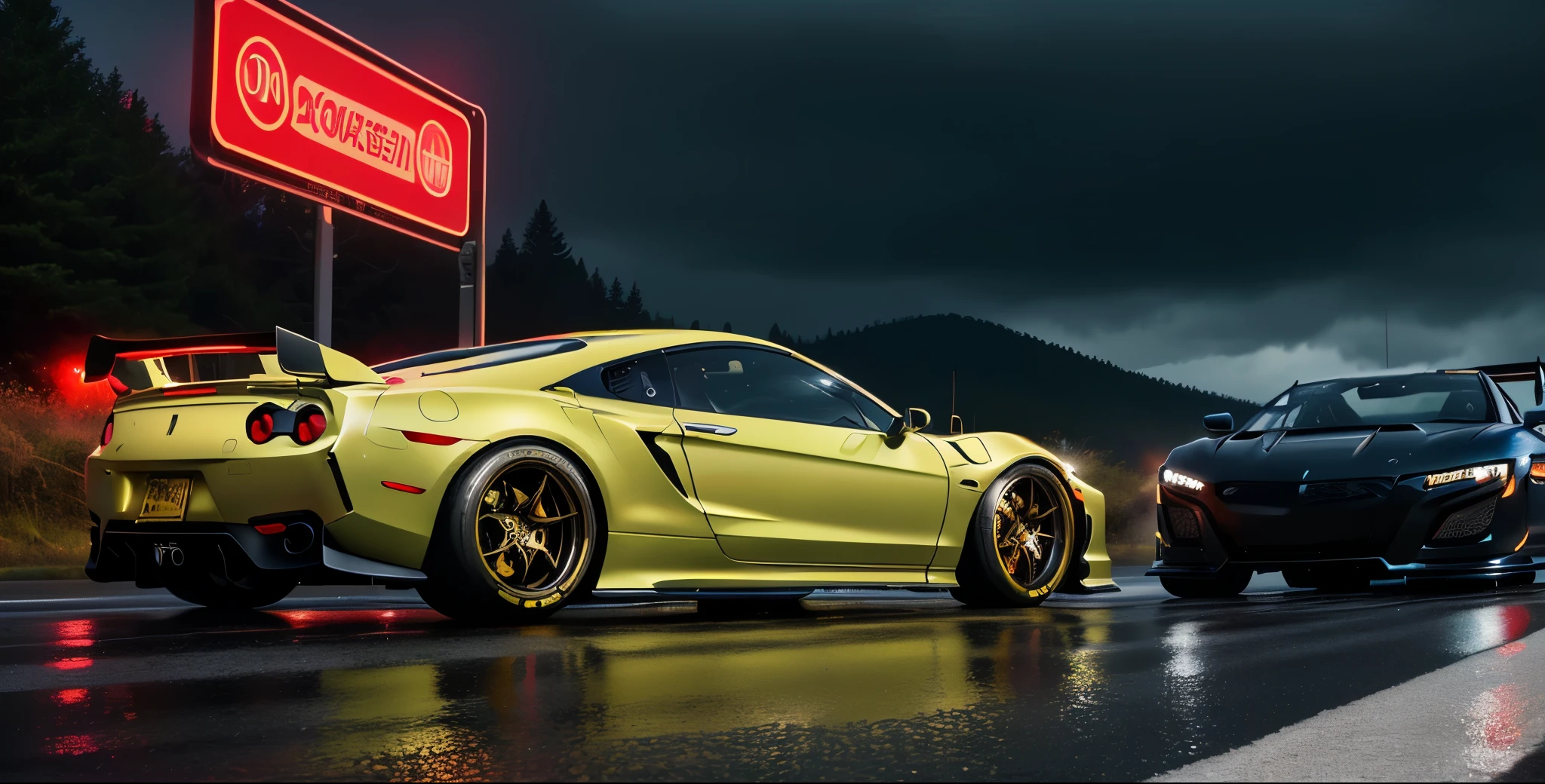 Gothic-style Race cars in a high speed street race (best quality,4k,8k,highres,masterpiece:1.2),ultra-detailed, ((a customized car)), ((street racer)), ((a beautiful paintjob)), ((fully detailed)), illustration, vivid colors, GTR, NSX, Drifting, going fast, night, bright yellow headlights,setting USA Oregon's Mountain roads, No text on signs, Late night time, Set in a rain storm with lightning,1 car.,Nature, model shoot style, Fast action style, Sideways drifting in to a turn, Metalic black and yellow cars, ,Movie Still,H effect,Car,sports car