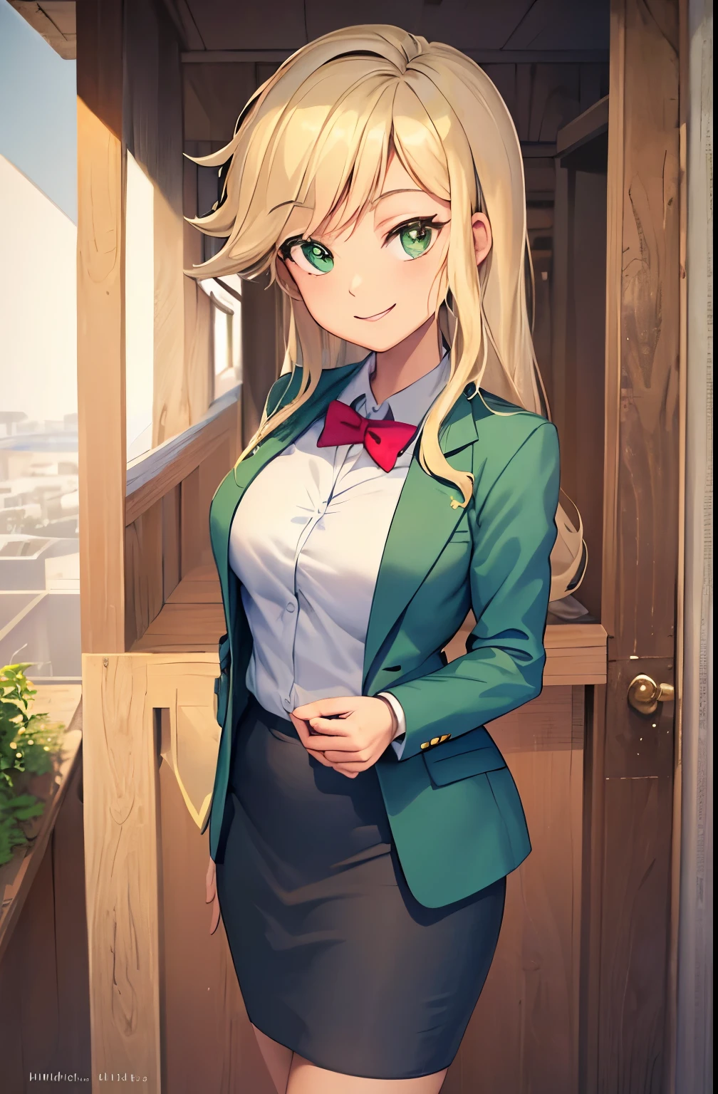 (masterpiece, best quality:1.2), cowboy shot, solo, 1girl, mlpapplejack, smile, looking at viewer, low-tied long hair, business suit, blazer, pencil skirt