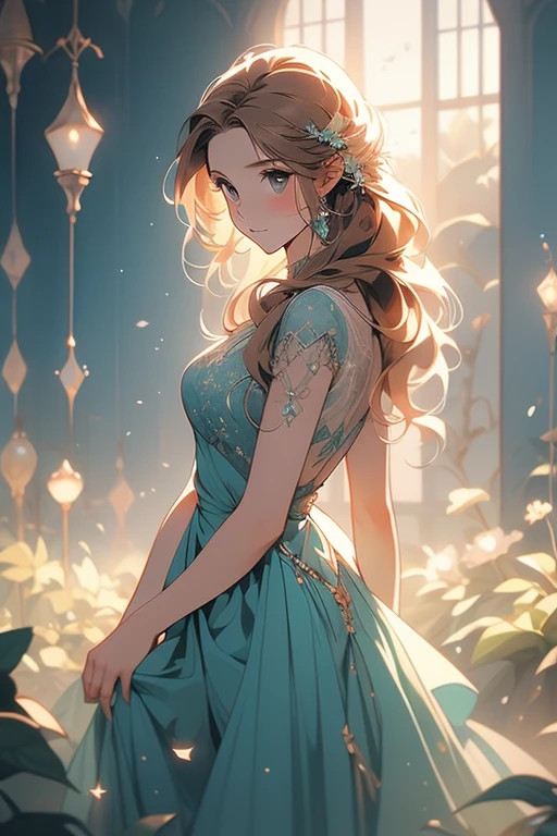 (Obra maestra:1.2), Mejor calidad, (illustration:1.2), (ultra detallado), hiper detalles, (delicado detallado), (detalles intrincados), (cinematic light, Mejor calidad Backlights), Delete line, solista, Cuerpo perfecto, (1 chica), Beautiful and magical elven girl with long auburn-brown hair, dark-teal crystal gown with navy-blue accents, wandering in a John Lasseter style flower field as a light mist forms around her at the break of dawn, anime and watercolor splash, (constituir), alto contraste, (mejor iluminacion, un extremadamente creado y hermoso), (cinematic light), vistoso,