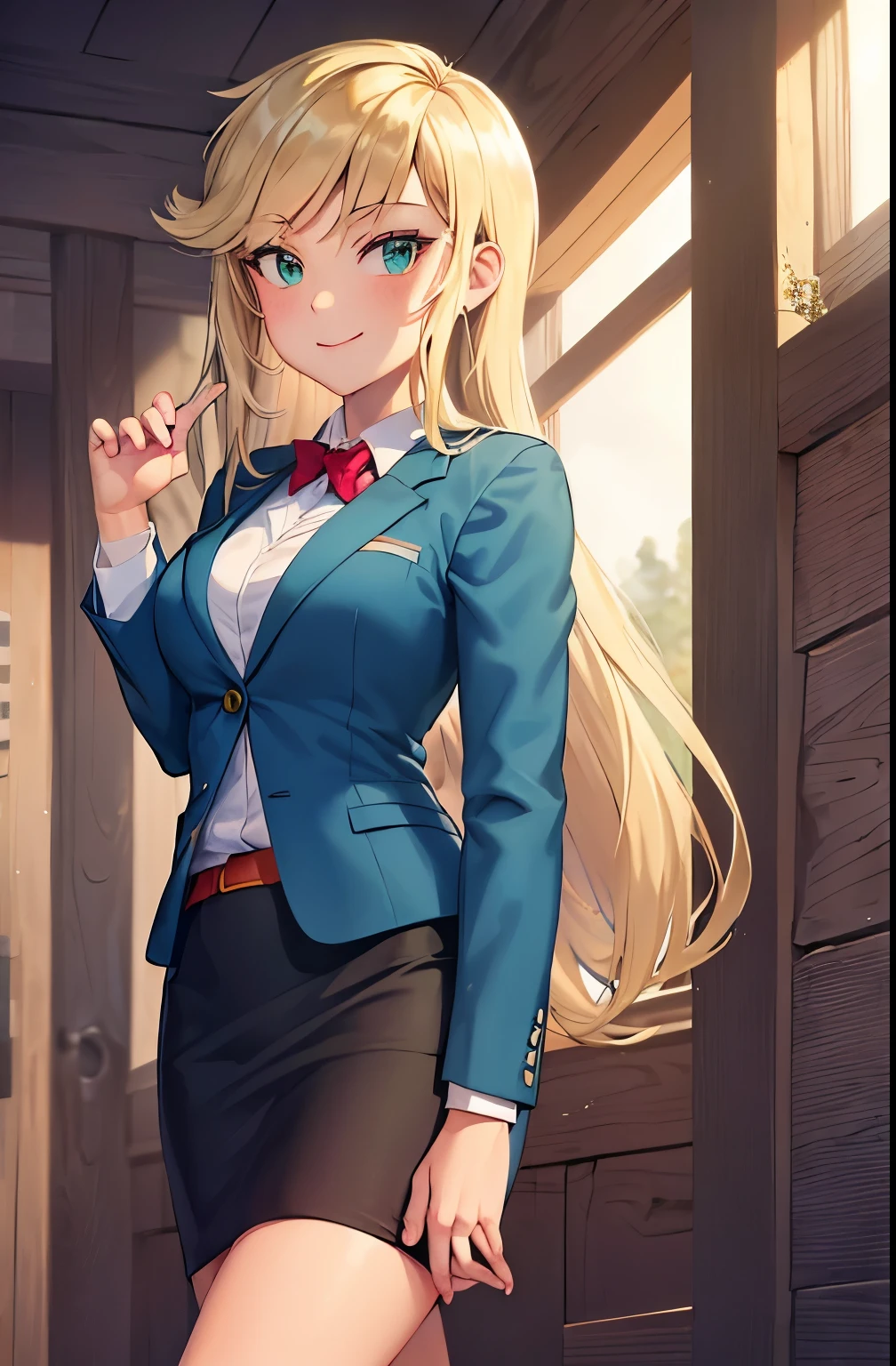 (masterpiece, best quality:1.2), cowboy shot, solo, 1girl, mlpapplejack, smile, looking at viewer, low-tied long hair, business suit, blazer, pencil skirt