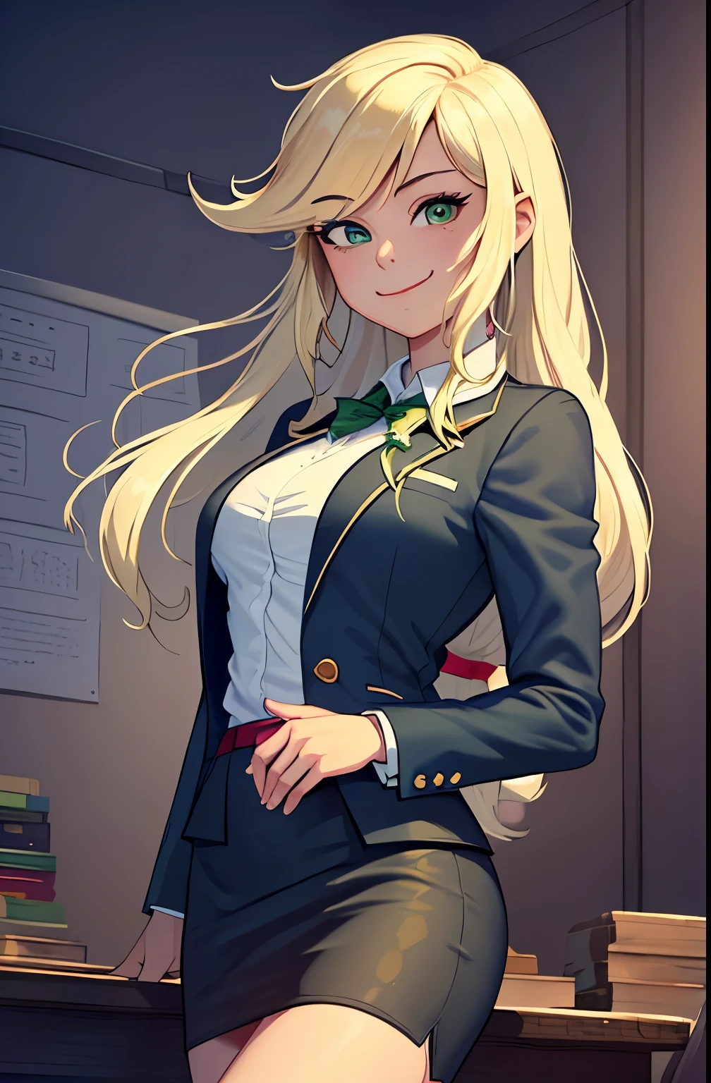 (masterpiece, best quality:1.2), cowboy shot, solo, 1girl, mlpapplejack, smile, looking at viewer, low-tied long hair, business suit, blazer, pencil skirt