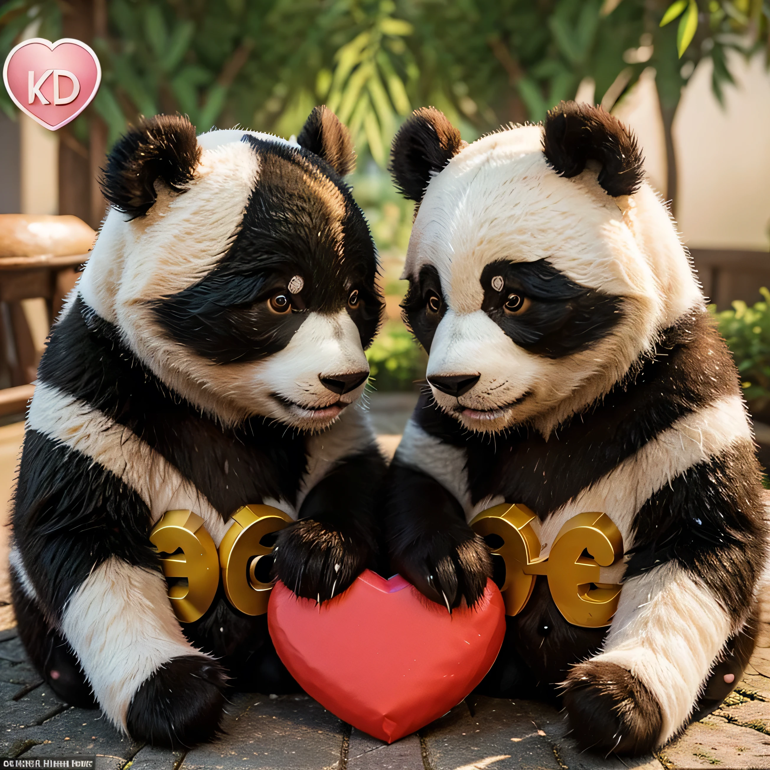 2pandas in 3D kissing, detailed male panda with letter "K" in heart, detailed female panda with letter "R" in heart, vibrant colors, romantic lighting, high resolution, 3D rendering, love and affection, adorable expressions, lush surroundings, tender atmosphere