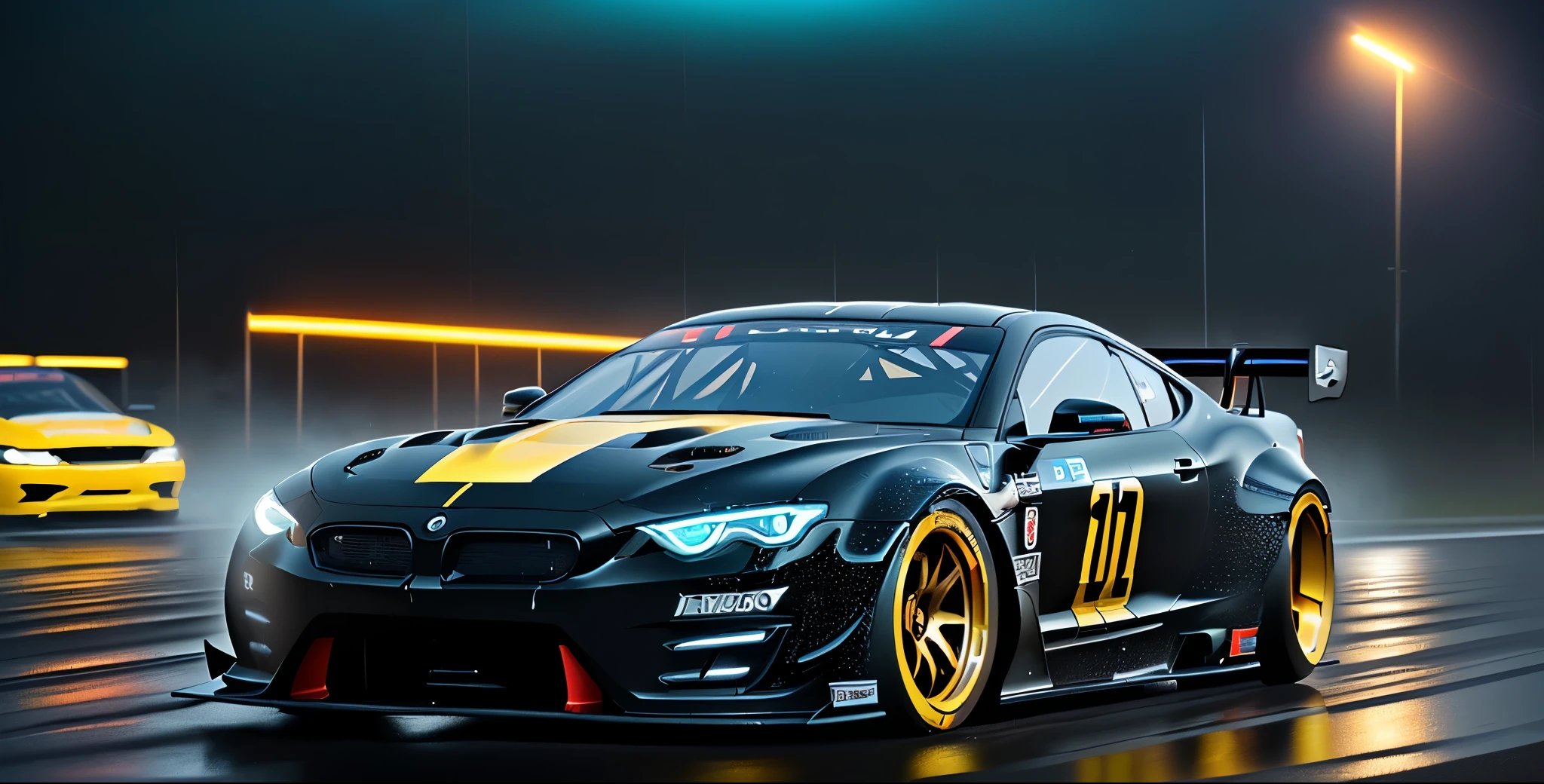 (digital artwork), EV Super car, wide body kit, modified car, racing livery, neon-lit city, fast cars, drifting, adrenaline-fueled action, intense concentration, midnight speed, (hyper-detailed face, hyper-detailed eyes, hyper-detailed mouth, hyper-detailed body, hyper-detailed hands, hyper-detailed clothes, and hyper-detailed scenery, ((masterpiece), An batmobile inspired ultra-realistic angelic neon metallic black silver and gold race car designed on wet roads, speeding through a rain-soaked highway with water droplets cascading off its sleek body, capturing every detail of the car's aerodynamic curves and reflective surfaces, surrounded by blurred city lights, conveying a sense of speed and exhilaration, best quality, ultra-detailed, 8K), race car, street racing-inspired, Drifting, LED, ((Twin headlights)), (((Bright neon color racing stripes))), (Black racing wheels), Wheel spin showing motion, Show car in motion, Burnout, wide body kit, modified car, racing livery,Movie Still,