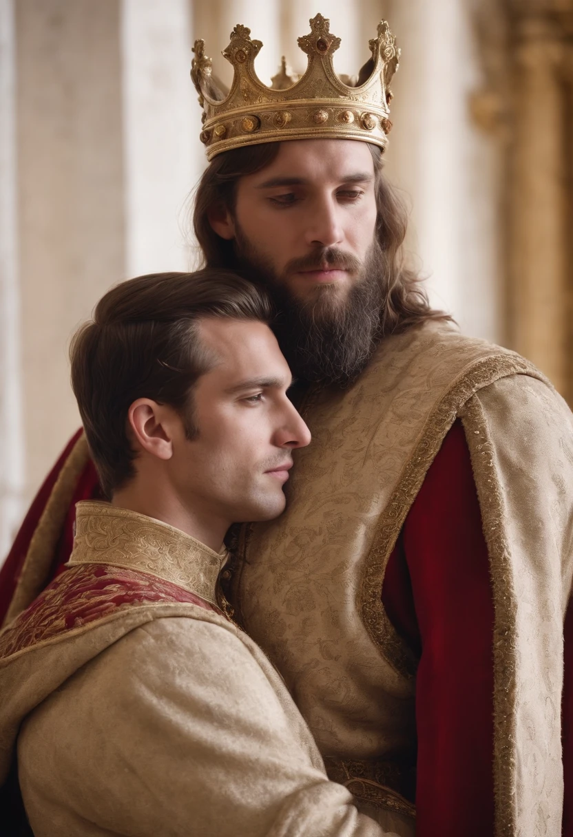 A sexy king having Gay sex,missionary POV anal(yaoi),muscular virile man, medieval king, gold crown , facial hair, black hair, cum,(royal costume 1.2),gold ornaments, golden robe, intricate designs, masterpiece