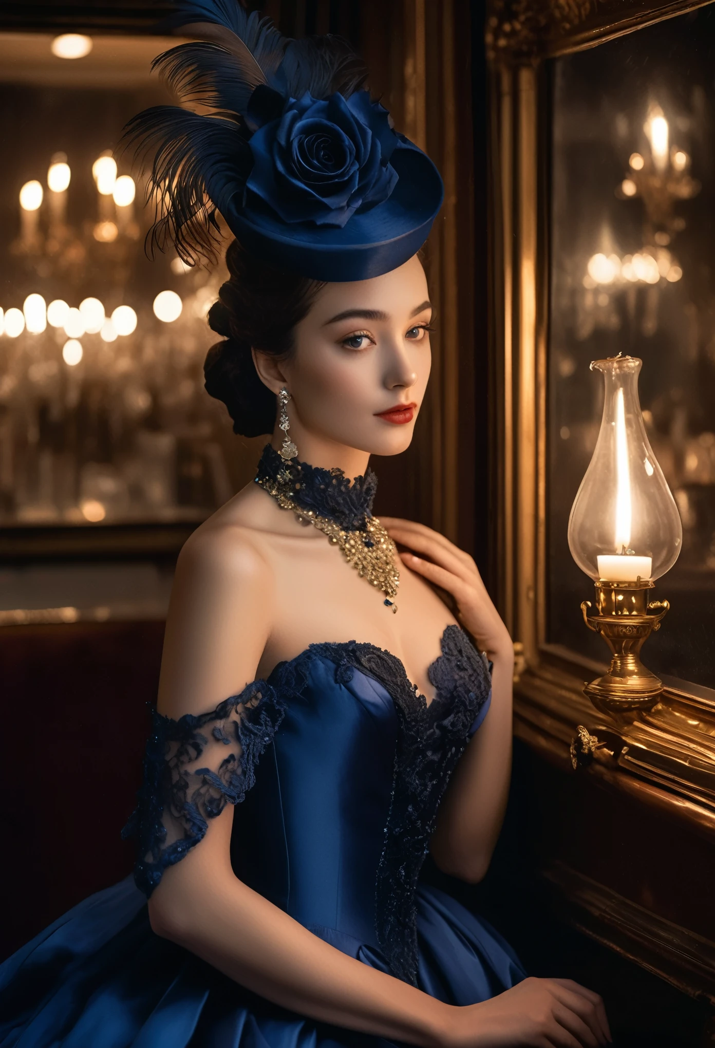 (Hi-Res, Masterpiece: 1.2), (Realistic: 1.37)” (Top Quality, Hi-Res, Super Detail, Real) Amidst the swirling cigar smoke and the sweet tones of live music, the dim atmosphere of 19th century Paris. There stands a fascinating figure: a 17-year-old cabaret dancer. Her portraits capture the essence of her bygone era, giving off an aura of charm and grace.
(She is half French and half Japanese, and is a stunning beauty with dark blue eyes and a high nose:1.1). She stares into the distance with a mysterious smile on her lips and blue eyes that sparkle like diamonds reflecting the light of her flickering candles. Her delicate features are framed by a cascade of ebony curls styled in the fashion of her time and adorned with a single crimson rose nestled in dark waves.

Clad in silk fabric that seems to shimmer with her every graceful movement, she embodies both her youth and sophistication. The curves of her slender frame are accentuated by the intricate lace and satin of her outfit, a testament to the meticulous craftsmanship of Parisian haute couture.

Her calm posture has a hint of defiance mixed with vulnerability, representing a young woman navigating the complexities of life in a bustling metropolis. But beneath her surface lies her untamed spirit, one that finds freedom in the rhythms of dance and solace in the whispered secrets of the night. 