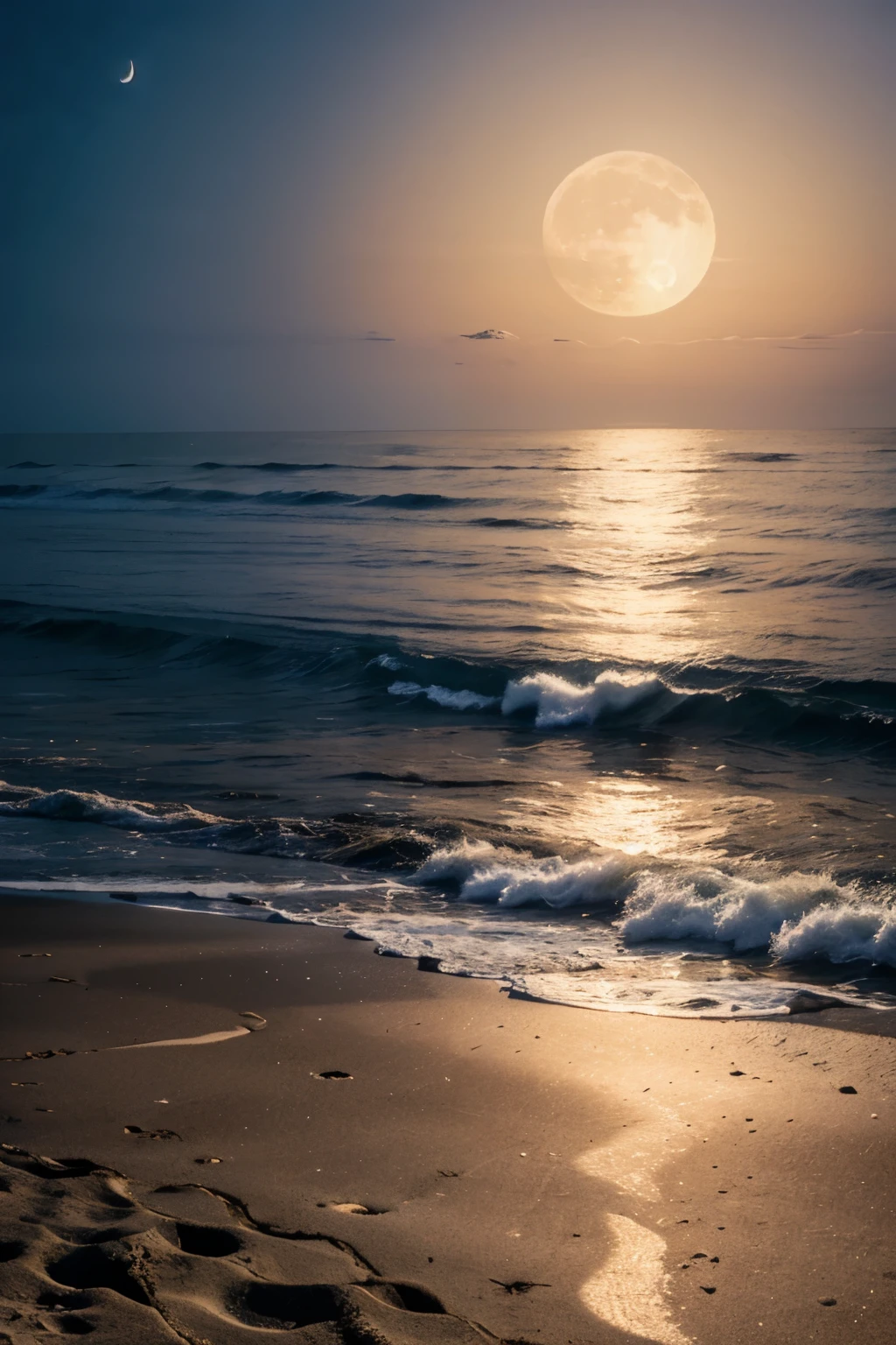 create a landscape of a beach at night with a full moon and the sway of the perfect sea, UHD, high quality