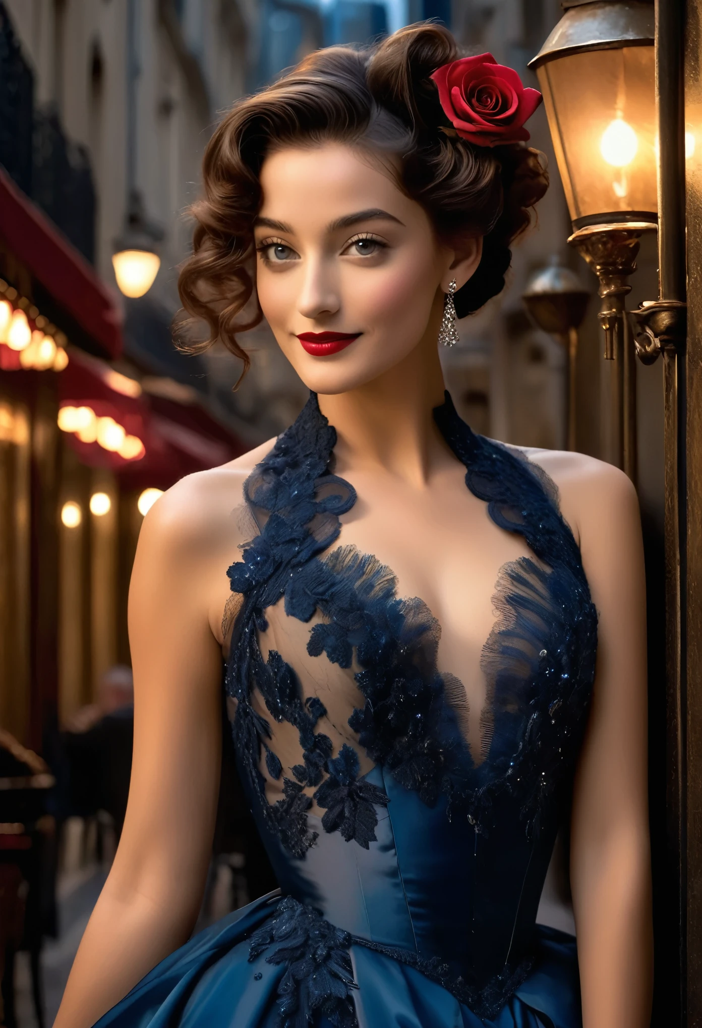(Hi-Res, Masterpiece: 1.2), (Realistic: 1.37)” (Top Quality, Hi-Res, Super Detail, Real) Amidst the swirling cigar smoke and the sweet tones of live music, the dim atmosphere of 19th century Paris. There stands a fascinating figure: a -yeld caet dancer. Her portraits capture the essence of her bygone era, giving off an aura of charm and grace.
(She is half French and half Japanese, and is a stunning beauty with dark blue eyes and a high nose:1.1). She stares into the distance with a mysterious smile on her lips and blue eyes that sparkle like diamonds reflecting the light of her flickering candles. Her delicate features are framed by a cascade of ebony curls styled in the fashion of her time and adorned with a single crimson rose nestled in dark waves.

Clad in silk fabric that seems to shimmer with her every graceful movement, she embodies both her youth and sophistication. The curves of her slender frame are accentuated by the intricate lace and satin of her outfit, a testament to the meticulous craftsmanship of Parisian haute couture.

Her calm posture has a hint of defiance mixed with vulnerability, representing a young woman navigating the complexities of life in a bustling metropolis. But beneath her surface lies her untamed spirit, one that finds freedom in the rhythms of dance and solace in the whispered secrets of the night. 