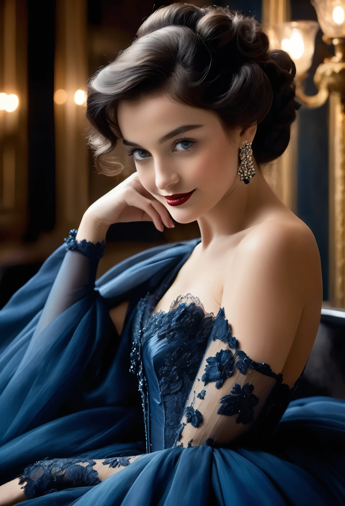 (Hi-Res, Masterpiece: 1.2), (Realistic: 1.37)” (Top Quality, Hi-Res, Super Detail, Real) Amidst the swirling cigar smoke and the sweet tones of live music, the dim atmosphere of 19th century Paris. There stands a fascinating figure: a -yeld caet dancer. Her portraits capture the essence of her bygone era, giving off an aura of charm and grace.
(She is half French and half Japanese, and is a stunning beauty with dark blue eyes and a high nose:1.1). She stares into the distance with a mysterious smile on her lips and blue eyes that sparkle like diamonds reflecting the light of her flickering candles. Her delicate features are framed by a cascade of ebony curls styled in the fashion of her time and adorned with a single crimson rose nestled in dark waves.
Clad in silk fabric that seems to shimmer with her every graceful movement, she embodies both her youth and sophistication. The curves of her slender frame are accentuated by the intricate lace and satin of her outfit, a testament to the meticulous craftsmanship of Parisian haute couture.
Her calm posture has a hint of defiance mixed with vulnerability, representing a young woman navigating the complexities of life in a bustling metropolis. But beneath her surface lies her untamed spirit, one that finds freedom in the rhythms of dance and solace in the whispered secrets of the night.