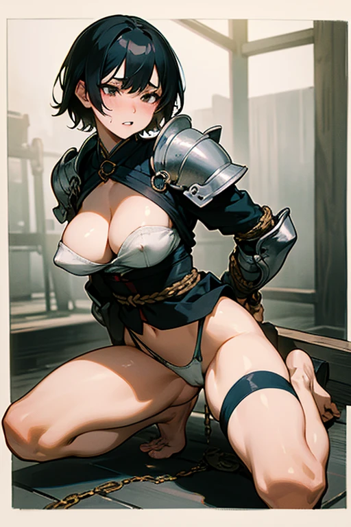 Japanese、woman,Black Hair,short hair、Married Woman、prominent lips、Visible nipples、Large size breasts、L Cup Breasts、Painful face、patience、Arched back、刑務所に排尿するwoman、incontinence、Wearing white armor、Cleavage、Squat positions、Spread your legs、Electric shock、Sweat、barefoot、Grit your teeth、Front of the body、bondage、Suppressed、Handcuffs、Bound in chains