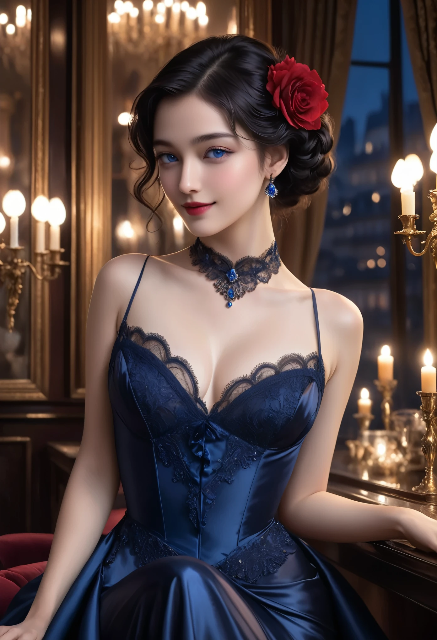 (Hi-Res, Masterpiece: 1.2), (Realistic: 1.37)” (Top Quality, Hi-Res, Super Detail, Real) Amidst the swirling cigar smoke and the sweet tones of live music, the dim atmosphere of 19th century Paris. There stands a fascinating figure: a 17-year-old cabaret dancer. Her portraits capture the essence of her bygone era, giving off an aura of charm and grace.
(She is half French and half Japanese, and is a stunning beauty with dark blue eyes and a high nose:1.1). She stares into the distance with a mysterious smile on her lips and blue eyes that sparkle like diamonds reflecting the light of her flickering candles. Her delicate features are framed by a cascade of ebony curls styled in the fashion of her time and adorned with a single crimson rose nestled in dark waves.
Clad in silk fabric that seems to shimmer with her every graceful movement, she embodies both her youth and sophistication. The curves of her slender frame are accentuated by the intricate lace and satin of her outfit, a testament to the meticulous craftsmanship of Parisian haute couture.
Her calm posture has a hint of defiance mixed with vulnerability, representing a young woman navigating the complexities of life in a bustling metropolis. But beneath her surface lies her untamed spirit, one that finds freedom in the rhythms of dance and solace in the whispered secrets of the night.