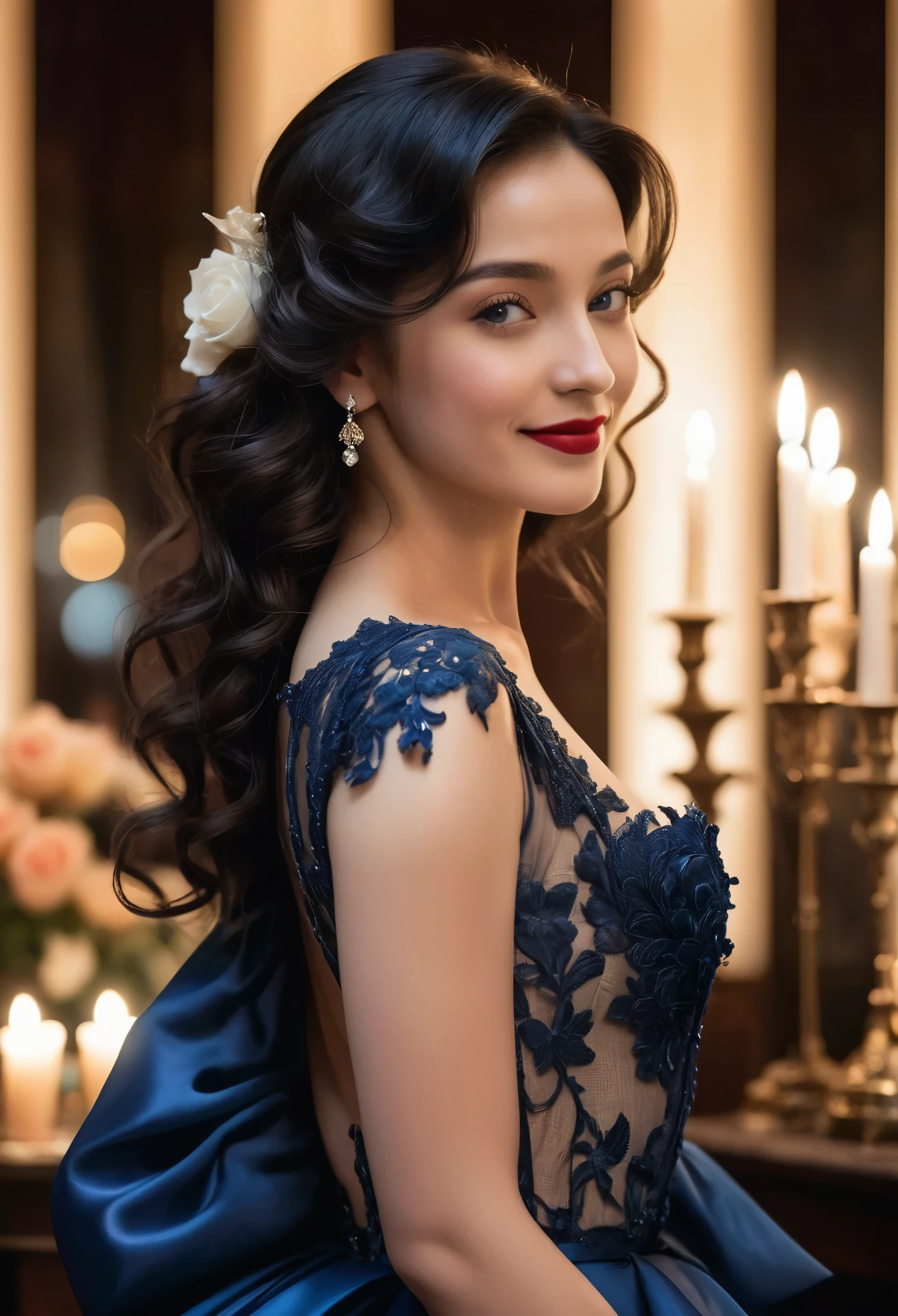 (Hi-Res, Masterpiece: 1.2), (Realistic: 1.37)” (Top Quality, Hi-Res, Super Detail, Real) Amidst the swirling cigar smoke and the sweet tones of live music, the dim atmosphere of 19th century Paris. There stands a fascinating figure: a 17-year-old cabaret dancer. Her portraits capture the essence of her bygone era, giving off an aura of charm and grace.
(She is half French and half Japanese, and is a stunning beauty with dark blue eyes and a high nose:1.1). She stares into the distance with a mysterious smile on her lips and blue eyes that sparkle like diamonds reflecting the light of her flickering candles. Her delicate features are framed by a cascade of ebony curls styled in the fashion of her time and adorned with a single crimson rose nestled in dark waves.

Clad in silk fabric that seems to shimmer with her every graceful movement, she embodies both her youth and sophistication. The curves of her slender frame are accentuated by the intricate lace and satin of her outfit, a testament to the meticulous craftsmanship of Parisian haute couture.

Her calm posture has a hint of defiance mixed with vulnerability, representing a young woman navigating the complexities of life in a bustling metropolis. But beneath her surface lies her untamed spirit, one that finds freedom in the rhythms of dance and solace in the whispered secrets of the night. 