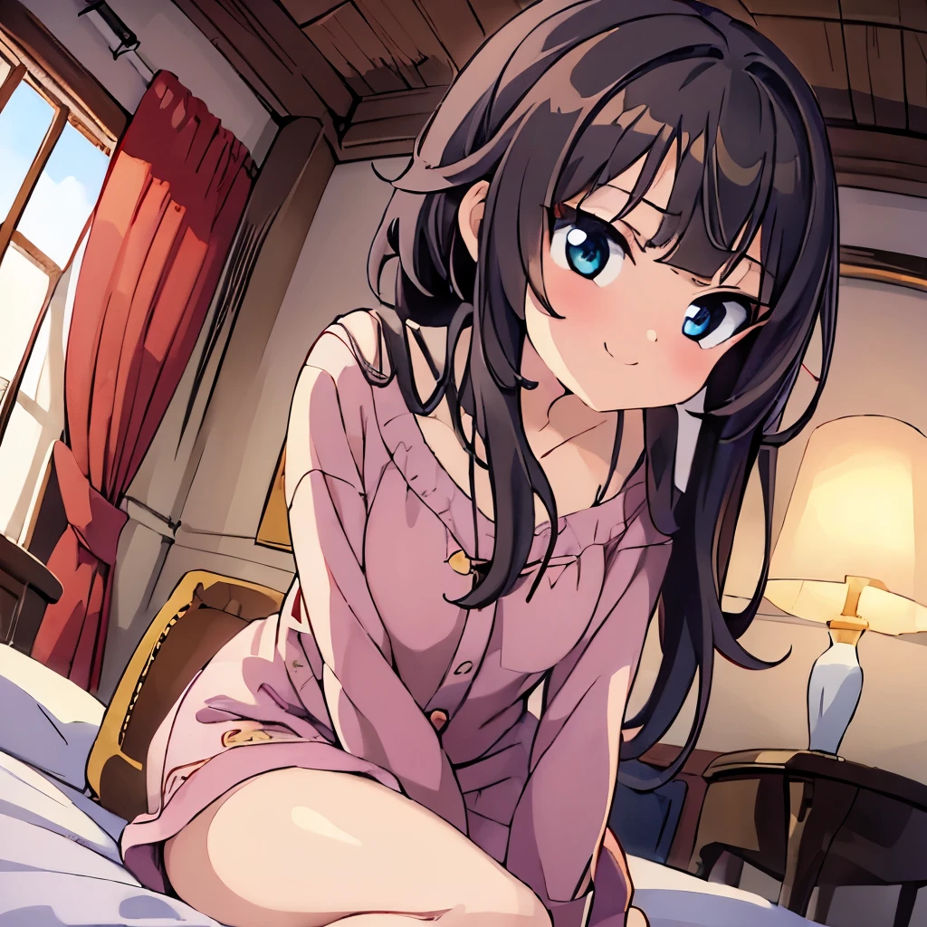 ((masterpiece)), ((best quality)), (ultra-detailed), anime style, on the bed, a cute girl, 1girl, solo, pajama00, ((beautiful eyes)), smile, beautiful black hair