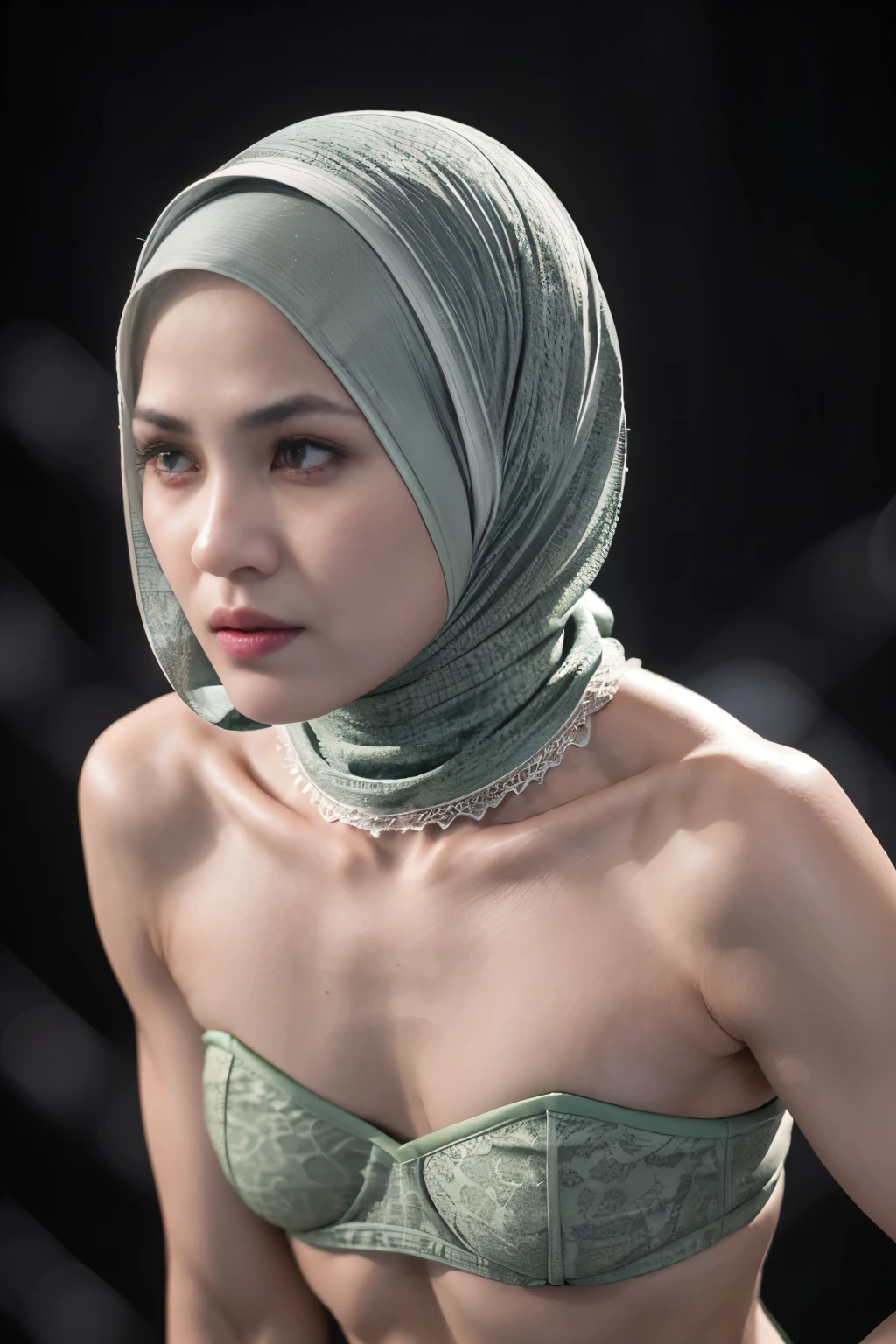 ((SHORT HIJAB)), ((Flat chest:1.7)), (dynamic photograph of a 58 year old Indonesian woman), (slim top, cotton panties), (straight non curly hair), (highly detailed face:1.4), (vascular muscles and abs:1.3), (background inside light, bright, private gym:1.1), (8k, uhd, dslr, high quality, cinematic lighting, bokeh), (dramatic, award winning photography, incredible masterpiece:1.3), (((sexy sultry stare at camera:0.8))), close up, ((she is ready to dominate you:0.5)), ((beautiful feminine face)) (she is a champion MMA fighter), add_detail:1, ((Wearing strapless pastel)) lace green fluorescence , from behind view, seductive pose, straddling , (((background a very dark night)))