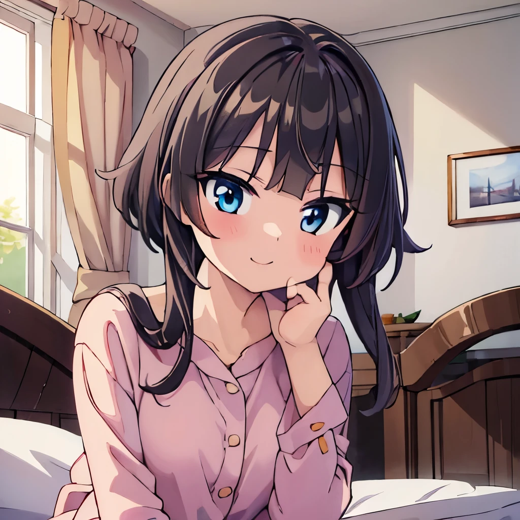 ((masterpiece)), ((best quality)), (ultra-detailed), anime style, on the bed, a cute girl, 1girl, solo, pajama00, ((beautiful eyes)), smile, beautiful black hair