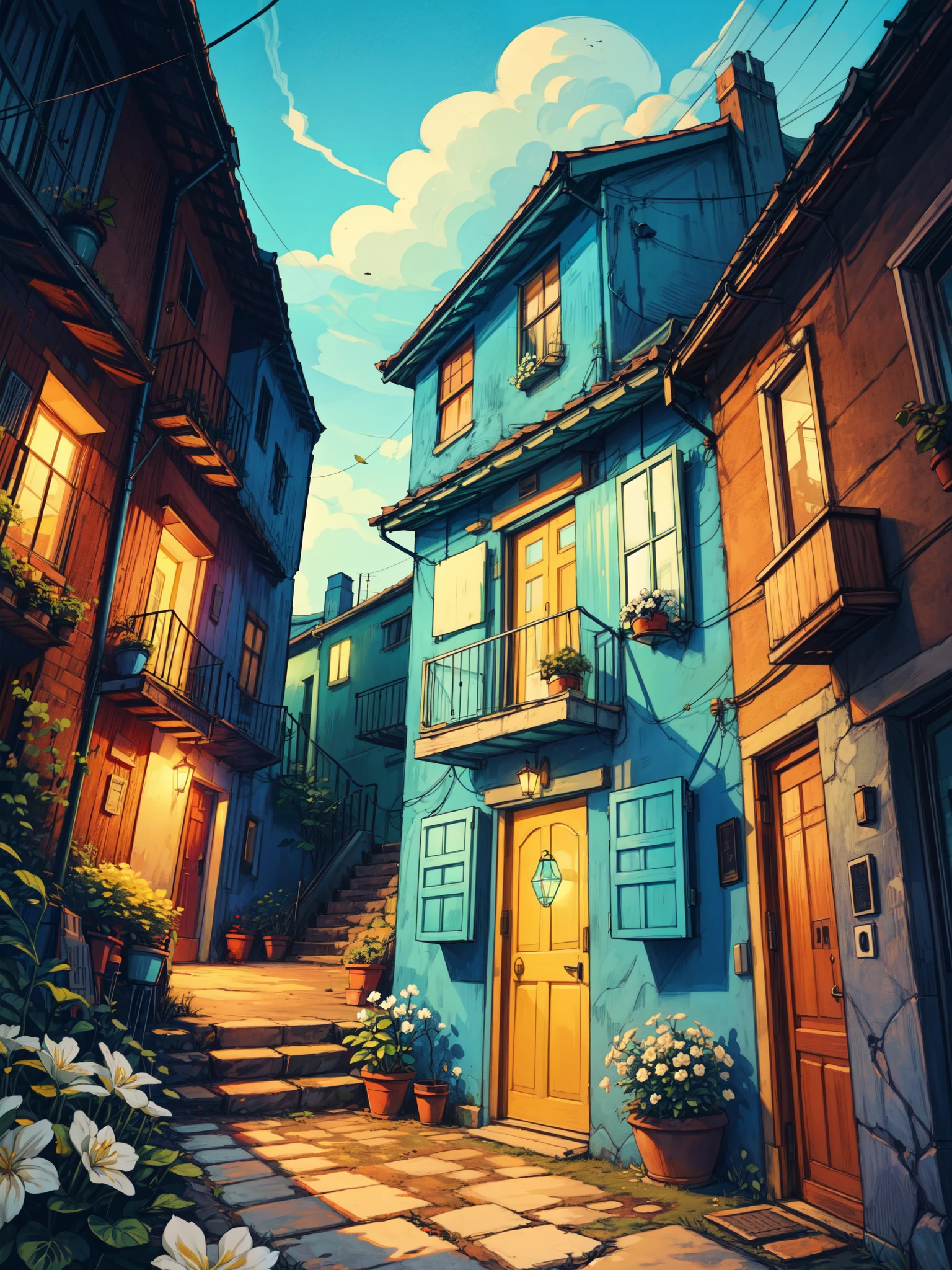 wide view, beautiful lone utopian blue house, big glass windows, windy, beautiful, white flowers in pots, stairs, alley, vibrant tones, evening time, thick lines, cozy tones, beautiful sky, big yellow door, ghibli style, outdoors, cozy atmosphere, micro landscape, intrinsic details