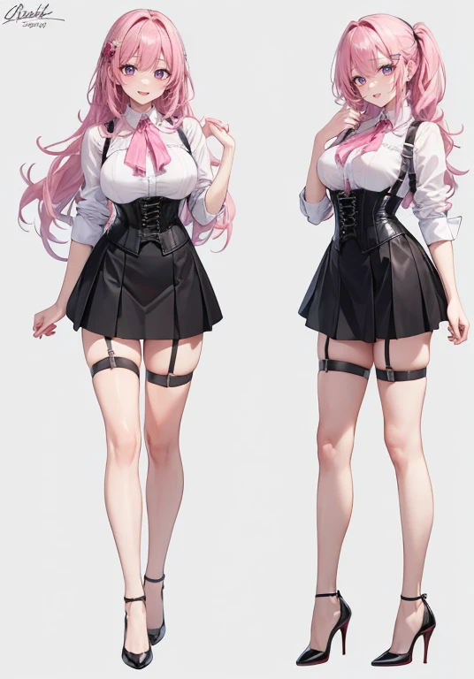Purple hair,long hair,Adult female,((Rolling up your sleeves shirt)),(corset),(skirt),High heels,((Simple White background)),Smile,((Full body)),((whole body)),(((upright)))