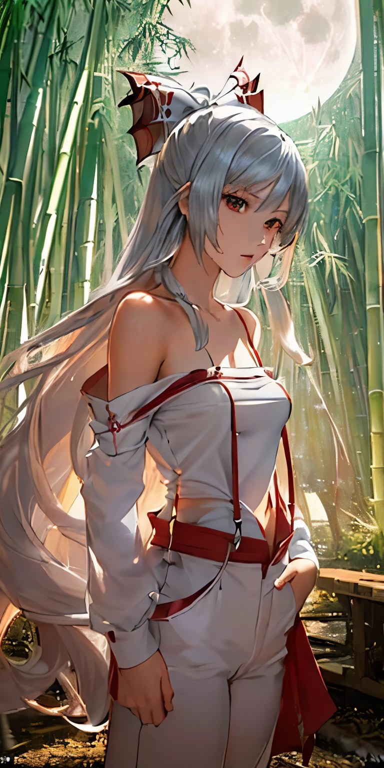 (masterpiece, best quality:1.3), (ultra detailed:1.3), (final fantasy artwork concept:1.5), (manga eyes + hair + clothes + body + face + colors + shoulders + eyes:1.3), (upper body:1.3), Fujiwara no Mokou, Touhou Series, (anime, illustration:1.3), perfect face, expressive eyes, 1 girl, looking at viewer, ************, beautiful, anime, lora, (silver hair, long hair, white shirt, red pants:1.3), (look evil:1.5), (cinematic lighting, realistic, dream-like, enchanting atmosphere:1.5), (an old japanese mansion with moonlight leaking, in bamboo forest, midnight, big full moon:1.3), 