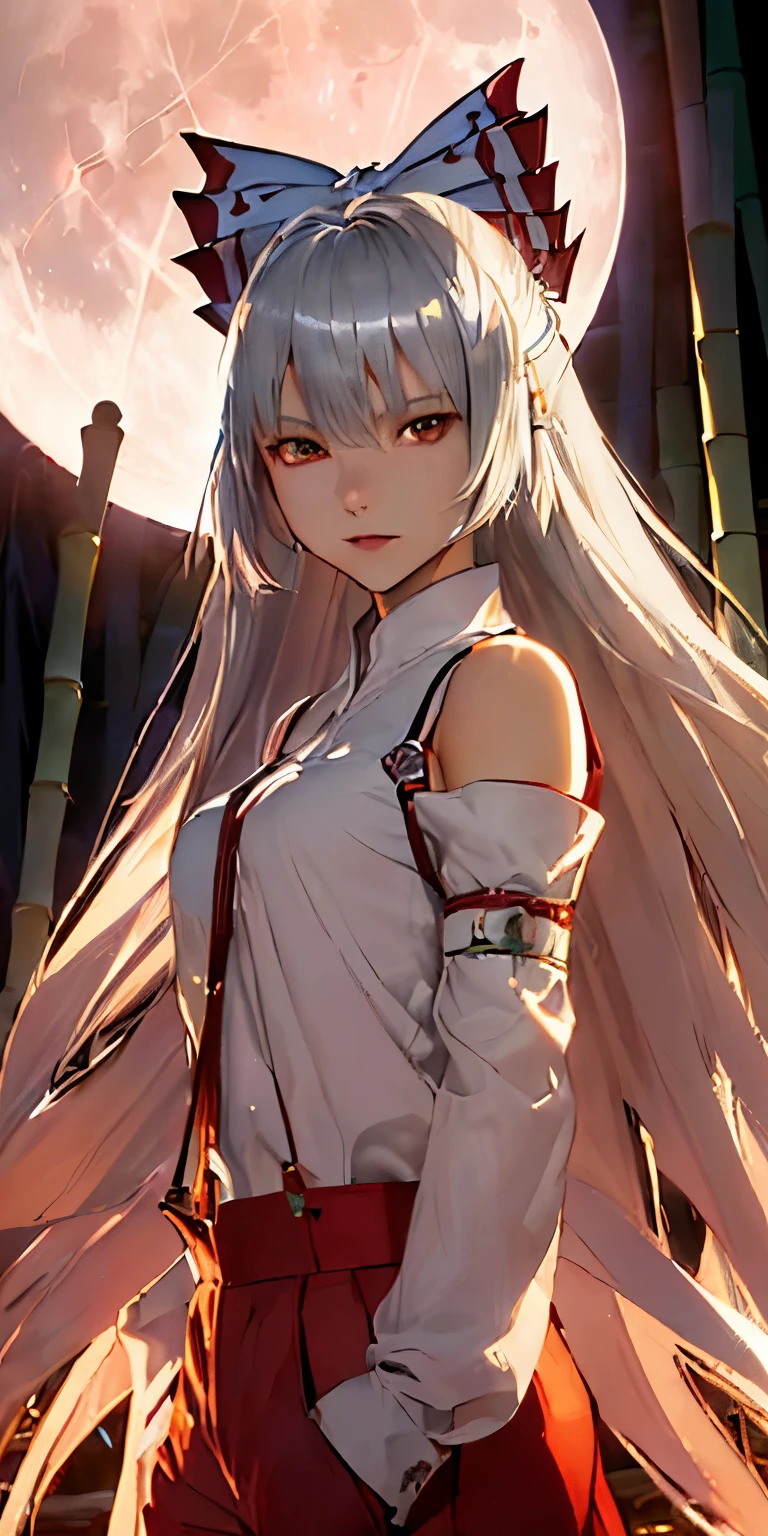 (masterpiece, best quality:1.3), (ultra detailed:1.3), (final fantasy artwork concept:1.5), (manga eyes + hair + clothes + body + face + colors + shoulders + eyes:1.3), (upper body:1.3), Fujiwara no Mokou, Touhou Series, (anime, illustration:1.3), perfect face, expressive eyes, 1 girl, looking at viewer, ************, beautiful, anime, lora, (silver hair, long hair, white shirt, red pants:1.3), (look evil:1.5), (cinematic lighting, realistic, dream-like, enchanting atmosphere:1.5), (an old japanese mansion with moonlight leaking, in bamboo forest, midnight, big full moon:1.3), 