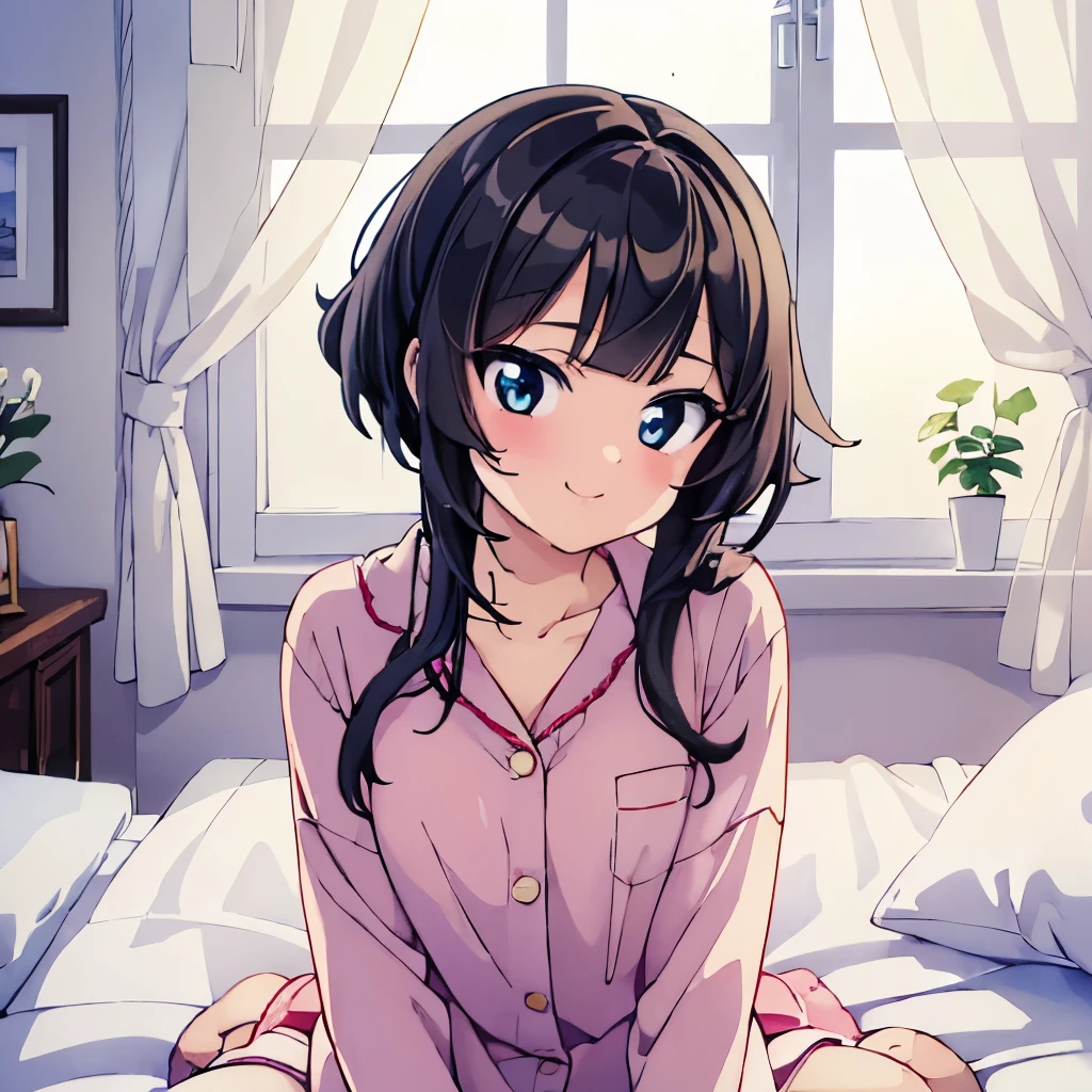 ((masterpiece)), ((best quality)), (ultra-detailed), anime style, on the bed, a cute girl, 1girl, solo, pajama00, ((beautiful eyes)), smile, beautiful black hair