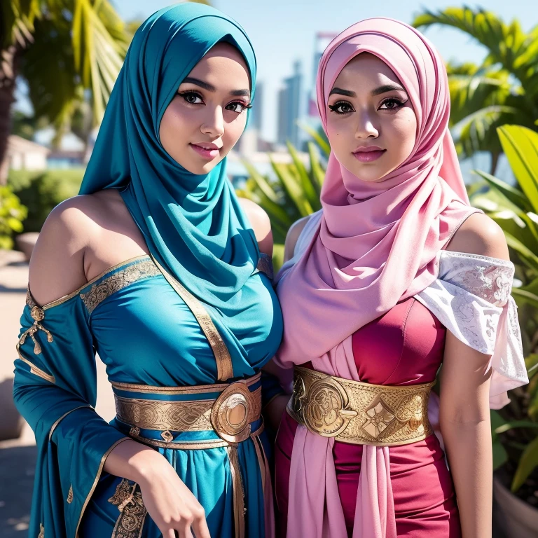 big breast, malay, The whole body consists of a young girl with hijab Kimono, Eye makeup, 38 year old, Cat ears, Soft lighting, groups, Wear shabby clothes, Dirty, Tattered futuristic military uniform, Cat's paw badge, Pose, spot color, rendering by octane, Ultra-realistic intricate details, big breasts, big breasts, big breasts, two MAPAY women in lingerie posing for a picture in a room, oppai, posing together in bra, MIRA FILZAH and IMAN TAYORE, red bra, all red, Two:2 malay girls, Group,long big hijab, blue eyes, medium hijab, superhero, blue and white leotard, leggings, boots, hands on hip, top of building, very windy, city background, bokeh, nighttime, high quality, ultra detail, 8k, action pose, cinematic lighting, lot of smoke effect, dramatic action, fighting pose, style raw, 35mm lense, low angle Shot, Deep Focus cinematography effect, Natural Lighting, cool-toned color grading, high quality, ultra detail, 8k resolution, using Canon EOS C700, Best quality, high resolution, Masterpiece: 1.3, Beautiful Malay hijab girl, Masterpiece, Soft smile, Realistic, Charming eyes, Glowing eyes, Parted lips, Modest attire, Malay traditional hijab, graceful figure, Aesthetics of the female body in hijab, Serene setting, Sunlight filtering through leaves, Beautifully detailed clothing, intricate hijab patterns, Cultural immersion, Ethnic diversity, Feminine elegance. 3D Octane rendering, ray tracing, super detailing viewer, close-up.Malay girl with hijab, Eye makeup (((highest quality)), (super detailed), 2 girls, (iridescent hair, colorful hair, half blue and half pink hair: 1.2), 38 years old, (Gorgeous Malay Girls: 1.2), outdoor, bangs, smile, sky blue eyes, perfect hands, perfect hands, hand details, corrected fingers. Earrings, Night Store + Background, looking_at_viewer, Cowboy Shot, Top Quality, Rich Detail, Perfect Image Quality, big breasts, slender body, morning time, smiling, happy, bright sunshine, beach, blurred background, bokeh,realistic, ultra-detailed,