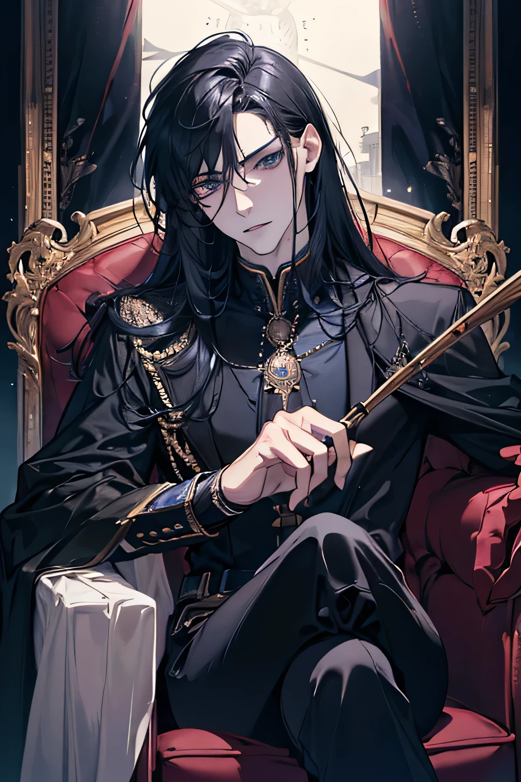 (absurdres, highres, ultra detailed), 1 male, adult, handsome, tall muscular guy, broad shoulders, finely detailed eyes, solo, detailed background, detailed face, detailed eyes, sitting in the devil's throne, long black hair