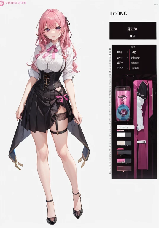 pink hair,Long hair,Adult female,Bartender,((Body harness)),((Rolling up your sleeves shirt)),(Corset),(Tight skirt),Garter belt,High heels,((Simple background)),Smile,((Full body)),((whole body)),Character Sheet,